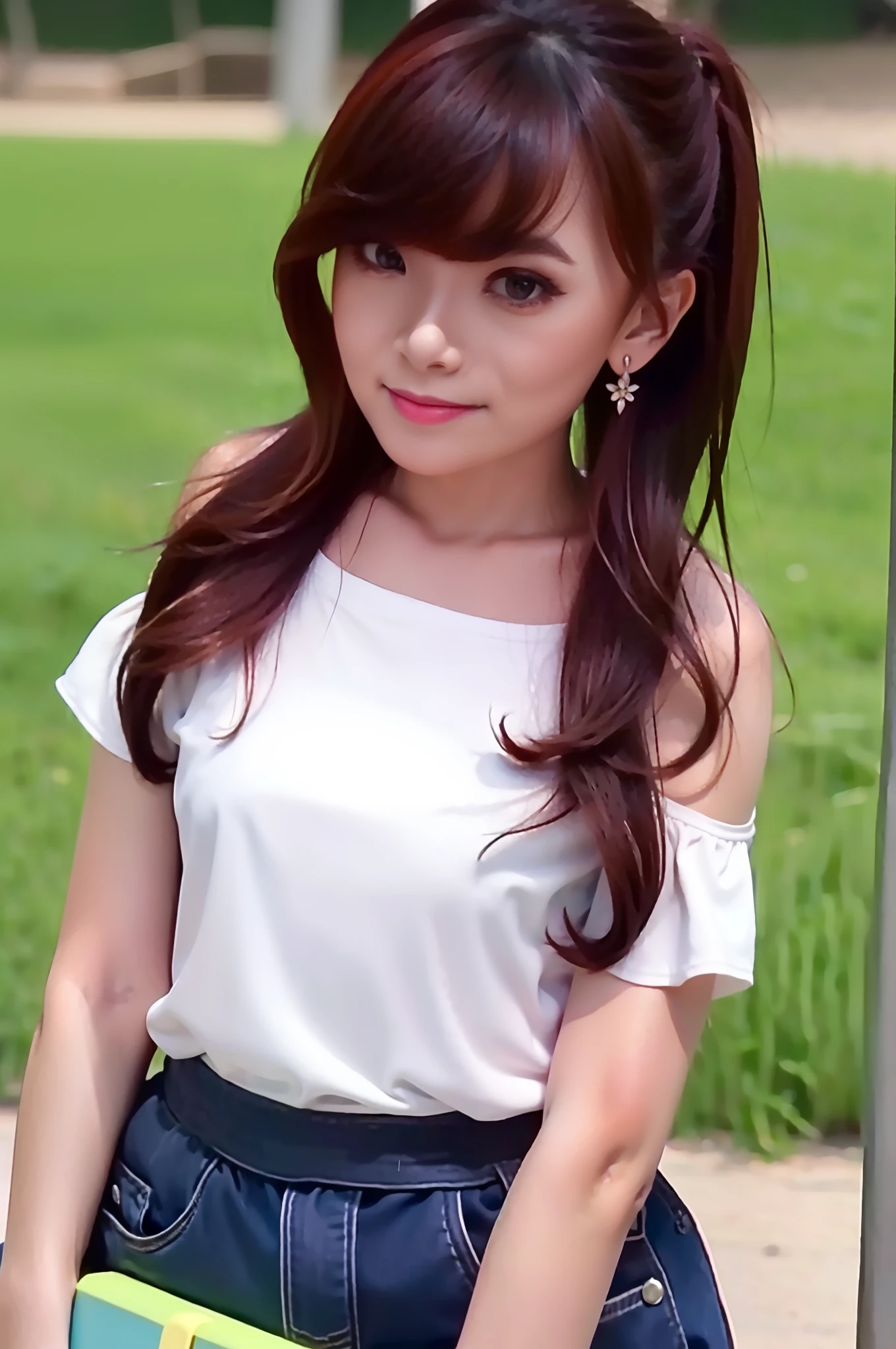 1female, beautiful face, standing feminine style, at the Playground, wearing off-shoulder shirt, hotskirt, love earrings, long bangs hair, full body, close up, little smile, ultra high quality, Masterpiece