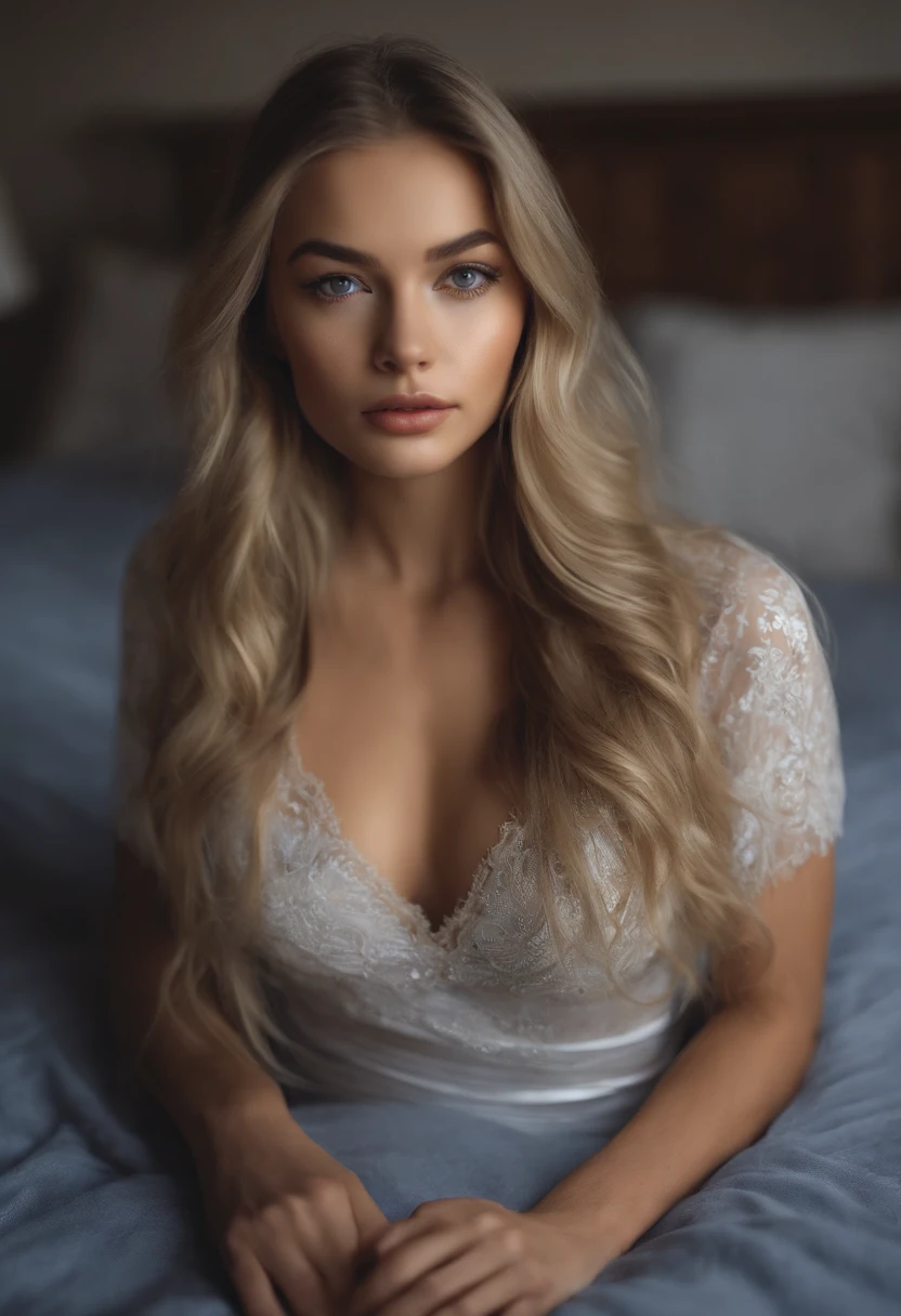 Arafed woman completely , fille sexy aux yeux bleus, ultra realist, Meticulously detailed, Portrait Sophie Mudd, cheveux blonds et grands yeux, selfie of a young woman, Yeux de chambre, Violet Myers, sans maquillage, maquillage naturel, looking straight at camera, Visage avec Artgram, Maquillage subtil, Great photo of the whole body kneeling on the bed, dans la chambre, Medium to large bust