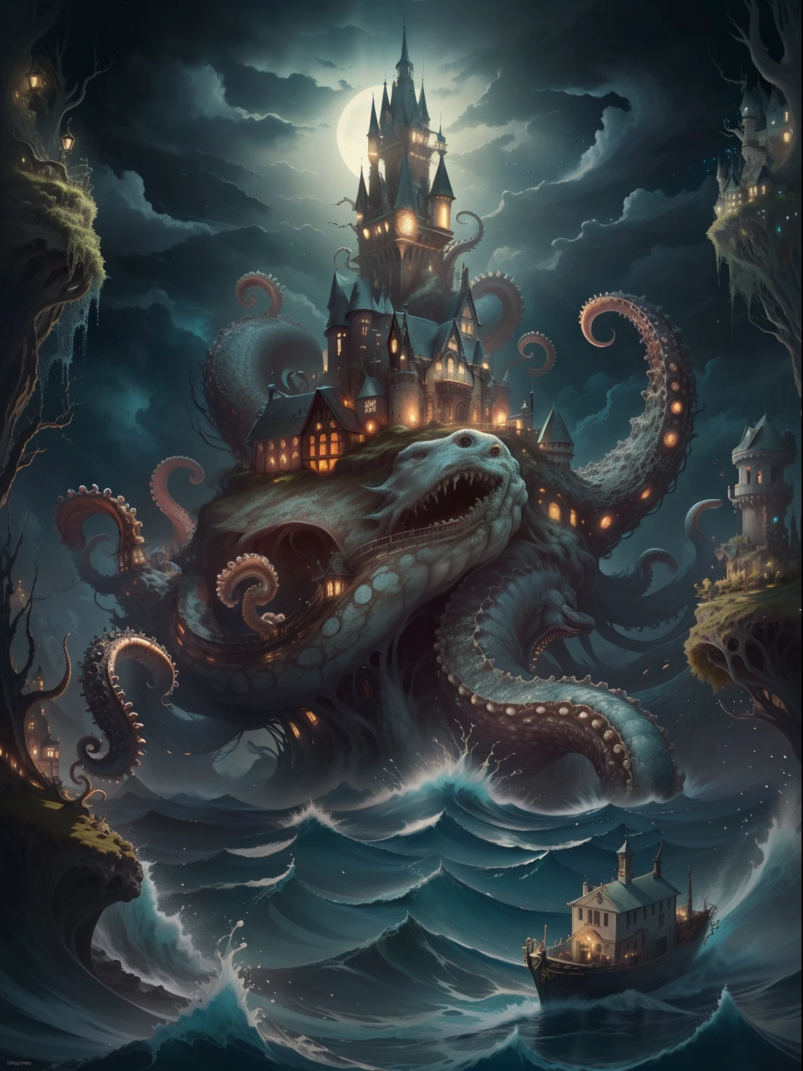 tmasterpiece:Dark castle on the move,Below is the sea monster,(The sea monster holds up the castle),Sea Monster Tentacles,Octopus tentacles,the night,rays of moonlight,swell sea,shock,(((Look at the perspective from the bottom up)))。(number art,Official artistic aesthetics,k hd,8K,Super meticulous,higher details,Exquisitely)