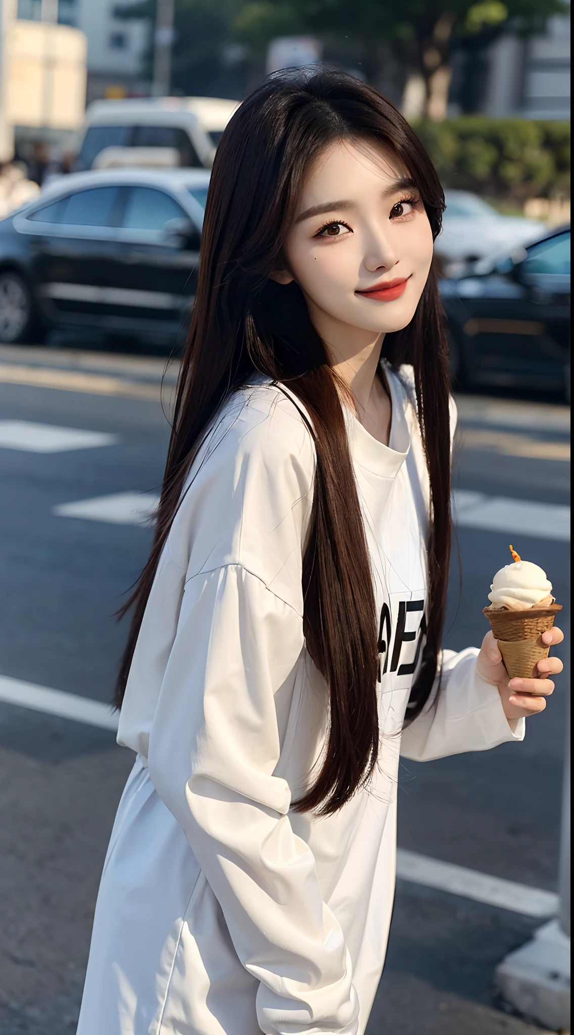 ​masterpiece、top-quality)、1 beutiful girl、Slim body、((Black and white plain clothes:1.1))、(Detailed beautiful eyes)、In the Han River、Face similar to Chaewon in Le Selefim、((Boyish Brown Medium Hair))、((Smaller face))、((Neutral face))、((Light brown eyes))、((Korean Girl))、((18year old))、((cool lady))、((A shy smile on his face))、((Korean Makeup))、((elongated and sharp eyes))、((Happy dating))、((boyish))、((She is walking in front of the viewer))、((Holding ice cream in hand))、((Looking Up))、((shot from a side angle))