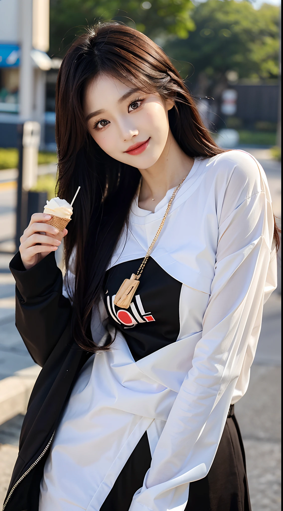 masterpiece、top-quality)、1 beutiful girl、Slim body、((Black and white plain clothes:1.1))、(Detailed beautiful eyes)、In the Han River、Face similar to Chaewon in Le Selefim、((Boyish Brown Medium Hair))、((Smaller face))、((Neutral face))、((Light brown eyes))、((Korean Girl))、((18year old))、((cool lady))、((A shy smile on his face))、((Korean Makeup))、((elongated and sharp eyes))、((Happy dating))、((boyish))、((She is walking in front of the viewer))、((Holding ice cream in hand))、((Looking Up))、((shot from a side angle))