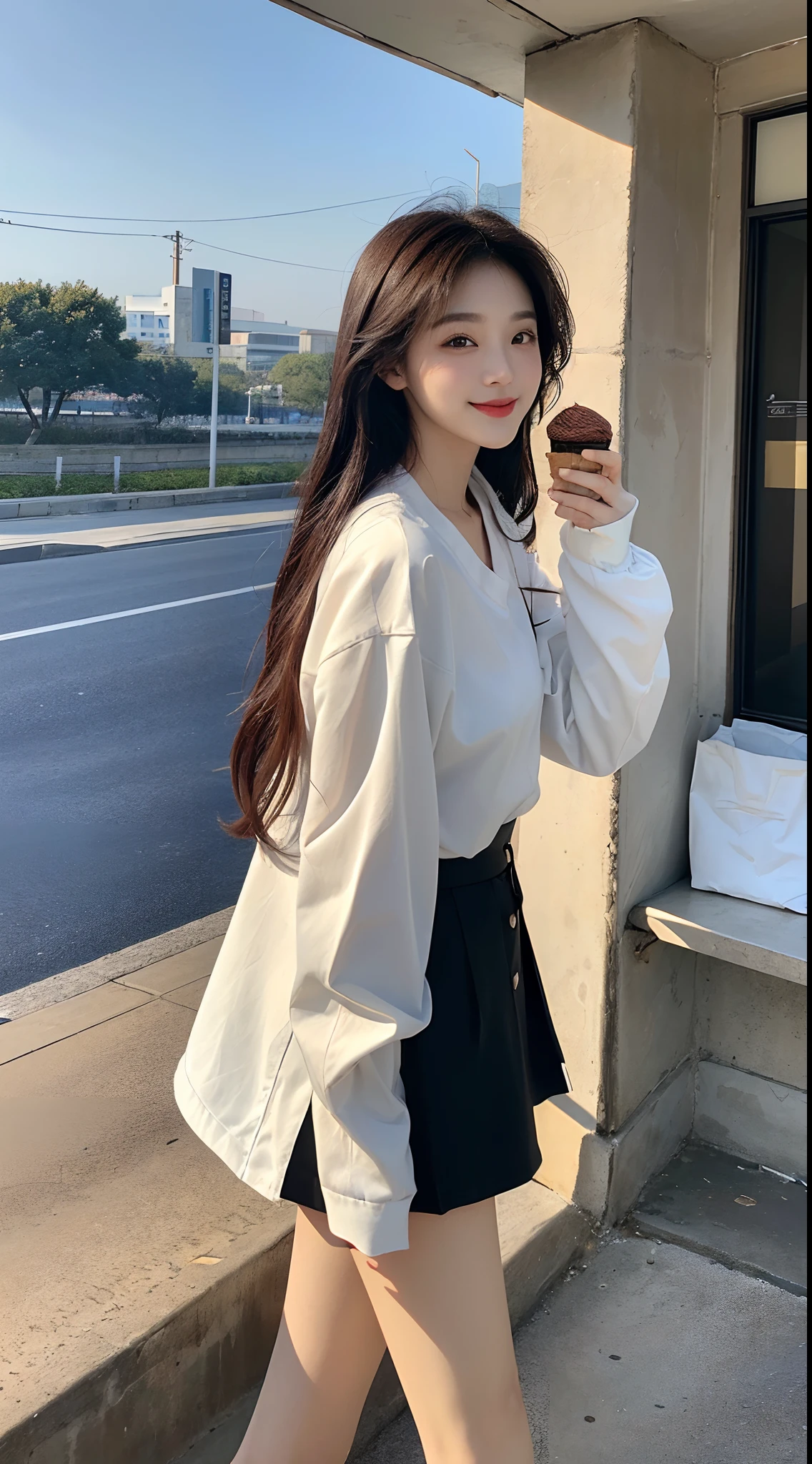 ​masterpiece、top-quality)、1 beutiful girl、Slim body、((Black and white plain clothes:1.1))、(Detailed beautiful eyes)、In the Han River、Face similar to Chaewon in Le Selefim、((Boyish Brown Medium Hair))、((Smaller face))、((Neutral face))、((Light brown eyes))、((Korean Girl))、((18year old))、((cool lady))、((A shy smile on his face))、((Korean Makeup))、((elongated and sharp eyes))、((Happy dating))、((boyish))、((She is walking in front of the viewer))、((Holding ice cream in hand))、((Looking Up))、((shot from a side angle))