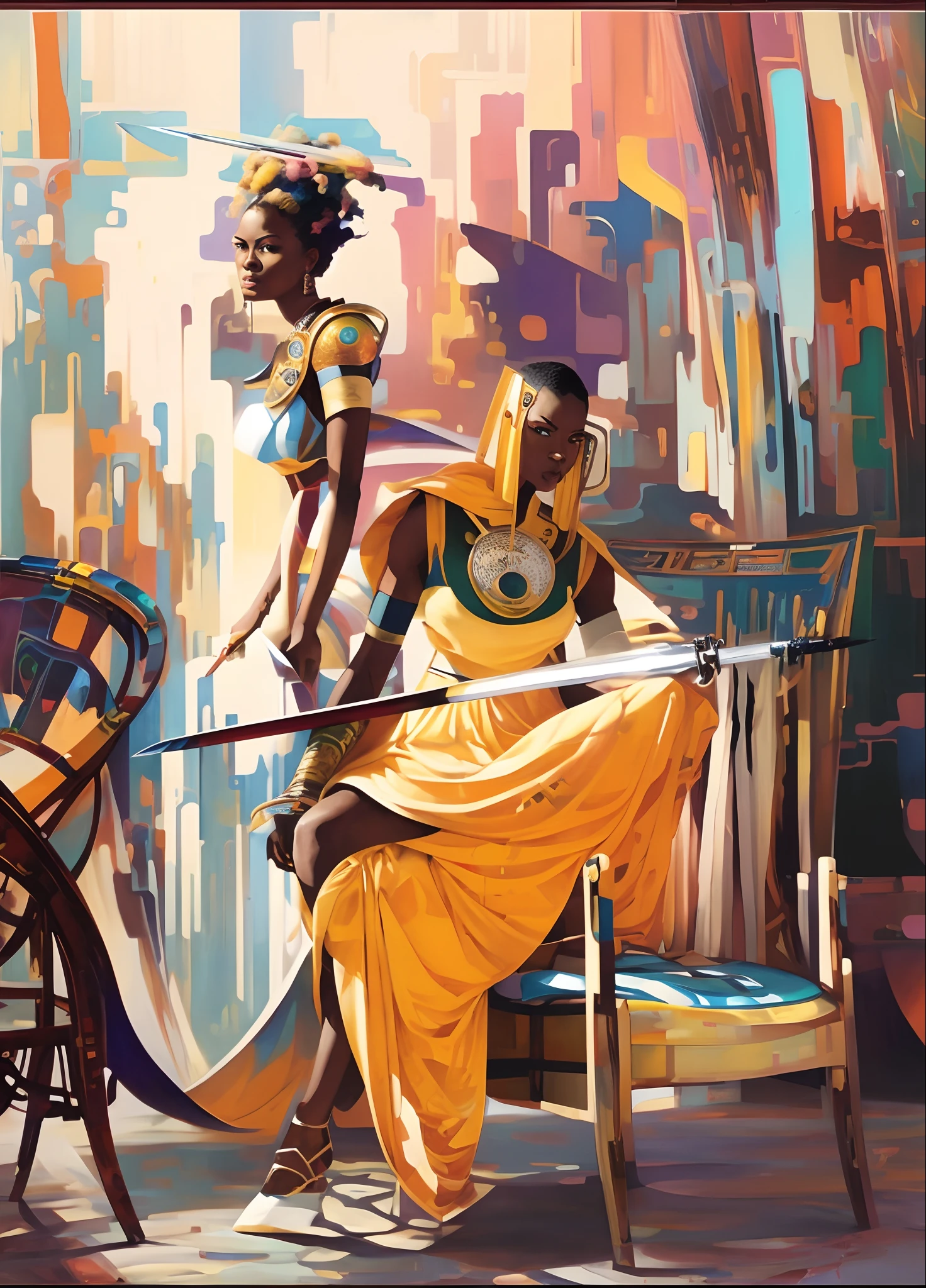 a painting of a woman sitting on a chair with a sword, rossdraws | afrofuturism, african cyberpunk wizards, afrofuturism, painting by android jones, afrofuturism style, afro futurism, portrait of ororo munroe, greg beeple, 4k art, craig mullins alphonse mucha, beeple and jean giraud, gorgeous art, afrofuturism anime