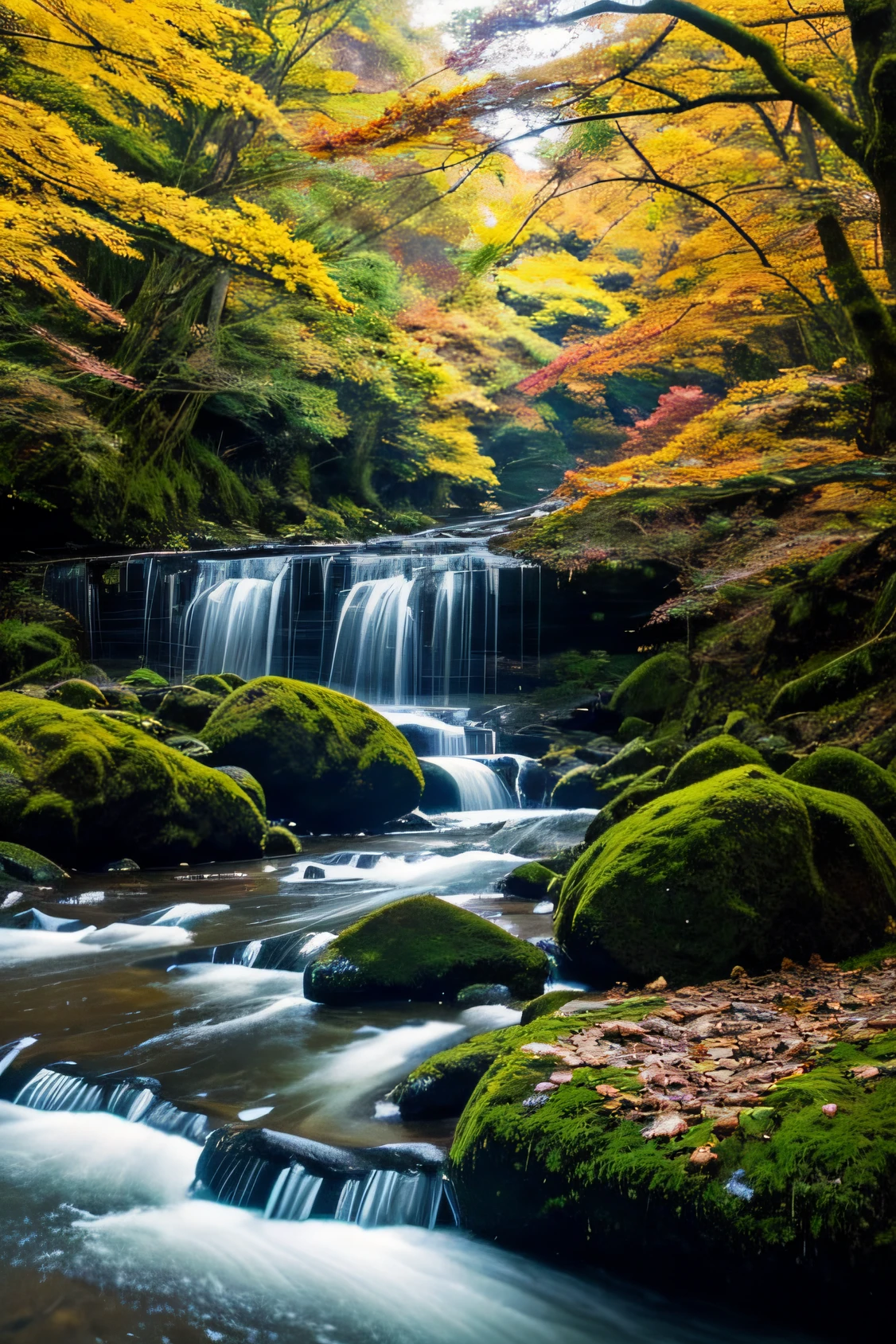 Babbling in the mossy autumn forest、A waterfall with small steps nearby、Sunlight leaking through autumn leaves、View from the side of the river、Faint blue autumn sky