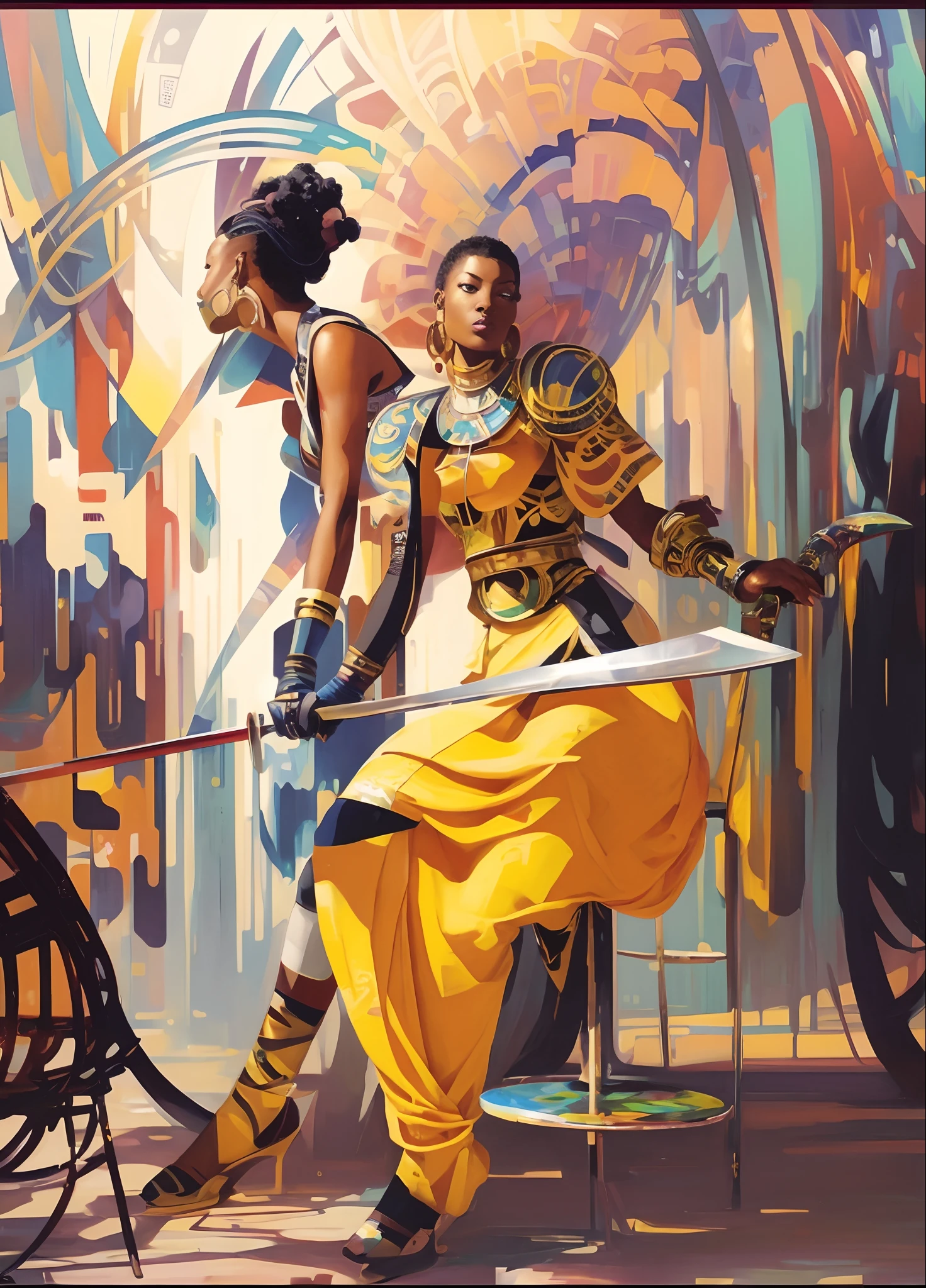 a painting of a woman sitting on a chair with a sword, rossdraws | afrofuturism, african cyberpunk wizards, afrofuturism, painting by android jones, afrofuturism style, afro futurism, portrait of ororo munroe, greg beeple, 4k art, craig mullins alphonse mucha, beeple and jean giraud, gorgeous art, afrofuturism anime
