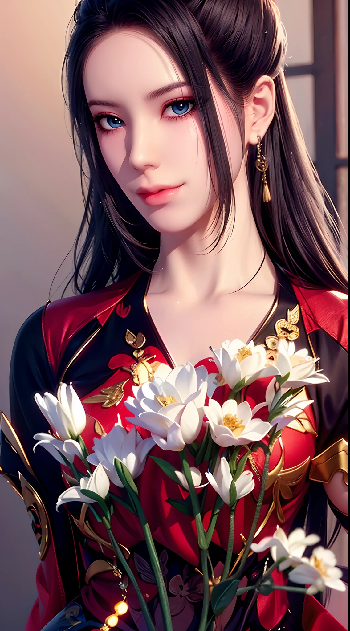 ylj,(((Mature female,Exquisite facial features, Beautiful face, shaded face, petty face,cabelos preto e longos,Blue eyes,Charming, Alluring, Seductive, Erotic, Enchanting, hair adornments,Ring earrings,Long black hair covers the body))),((Masterpiece)),A high resolution, ((Best quality)),tmasterpiece,top-quality,best qualityer,((( looking at viewert, There is light in the eyes))),
