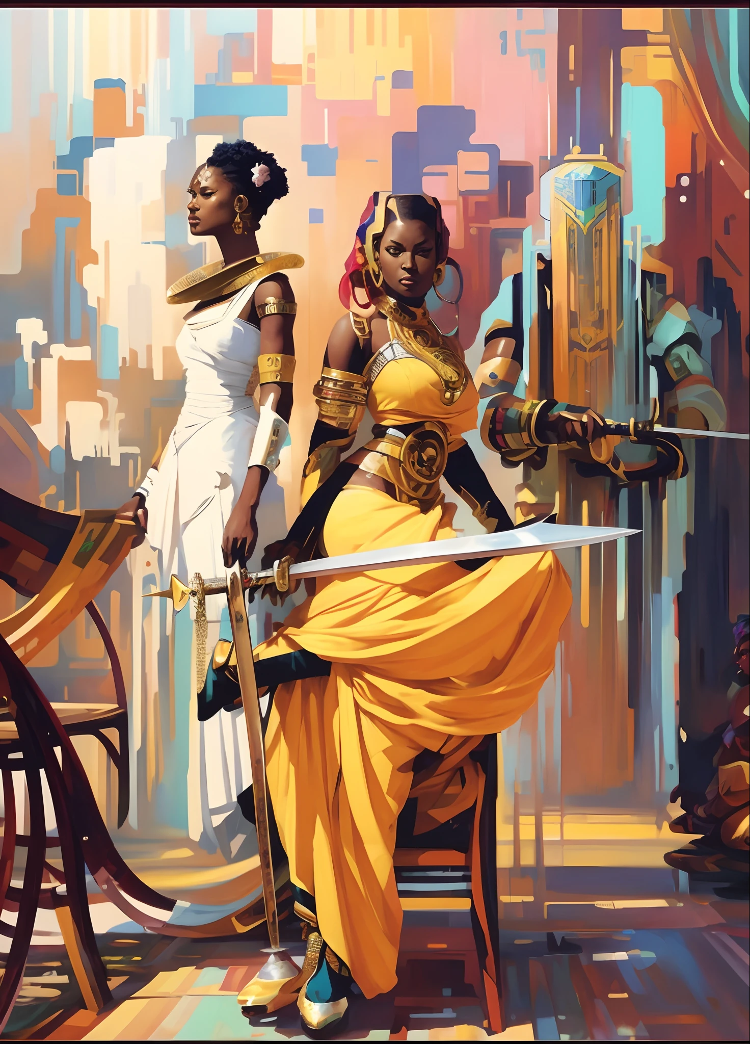 a painting of a woman sitting on a chair with a sword, rossdraws | afrofuturism, african cyberpunk wizards, afrofuturism, painting by android jones, afrofuturism style, afro futurism, portrait of ororo munroe, greg beeple, 4k art, craig mullins alphonse mucha, beeple and jean giraud, gorgeous art, afrofuturism anime