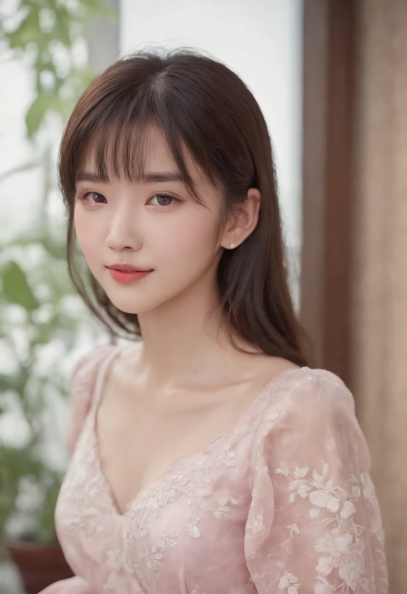 top-quality, Photorealsitic, masterpiece, 8K, Hi-Res, 独奏, 1girl, (((infp young woman))),sixteen years old、full bodyesbian、(small tits), ((Look at viewers)), (look at a camera), ((Various hairstyles close to long))、Perfect straight black hair、((With bangs))、 (profetional lighting), Highly detailed bright face、Gentle Japan girl、lovely smile、Pink dress(long-sleeve)、Standing in the room