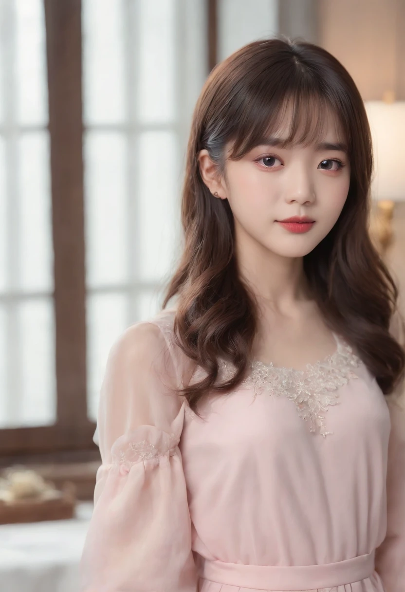 top-quality, Photorealsitic, masterpiece, 8K, Hi-Res, 独奏, 1girl, (((infp young woman))),sixteen years old、full bodyesbian、(small tits), ((Look at viewers)), (look at a camera), ((Various hairstyles close to long))、Perfect straight black hair、((With bangs))、 (profetional lighting), Highly detailed bright face、Gentle Japan girl、lovely smile、Pink dress(long-sleeve)、Standing in the room