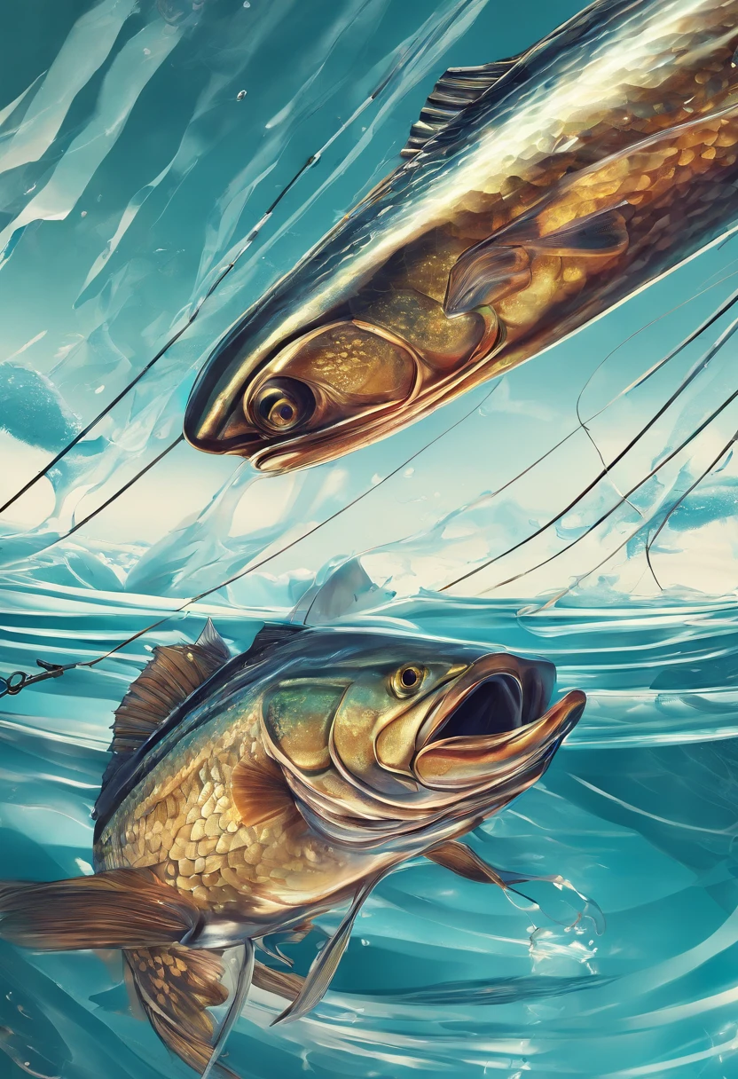 fishing, ray tracing, depth of field, reflection light, motion lines, close-up, from below