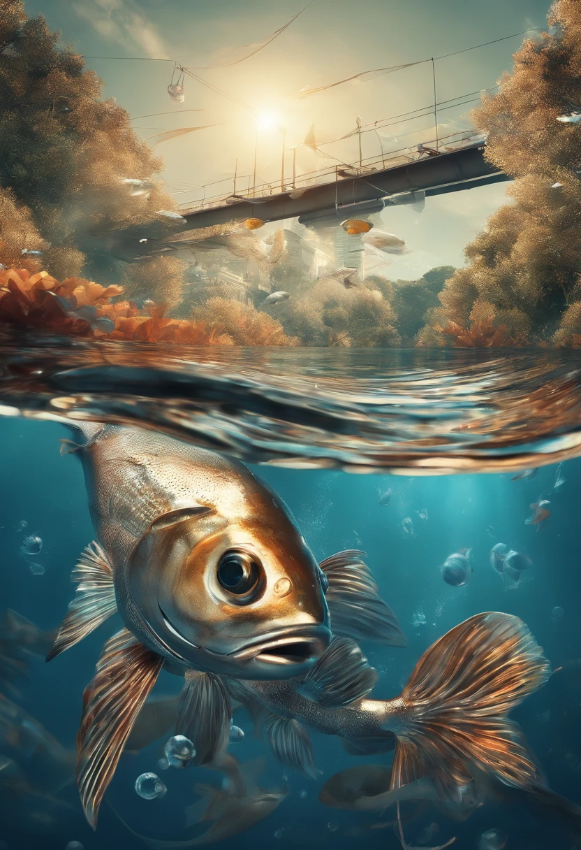 fishing, ray tracing, depth of field, reflection light, motion lines, close-up, from below