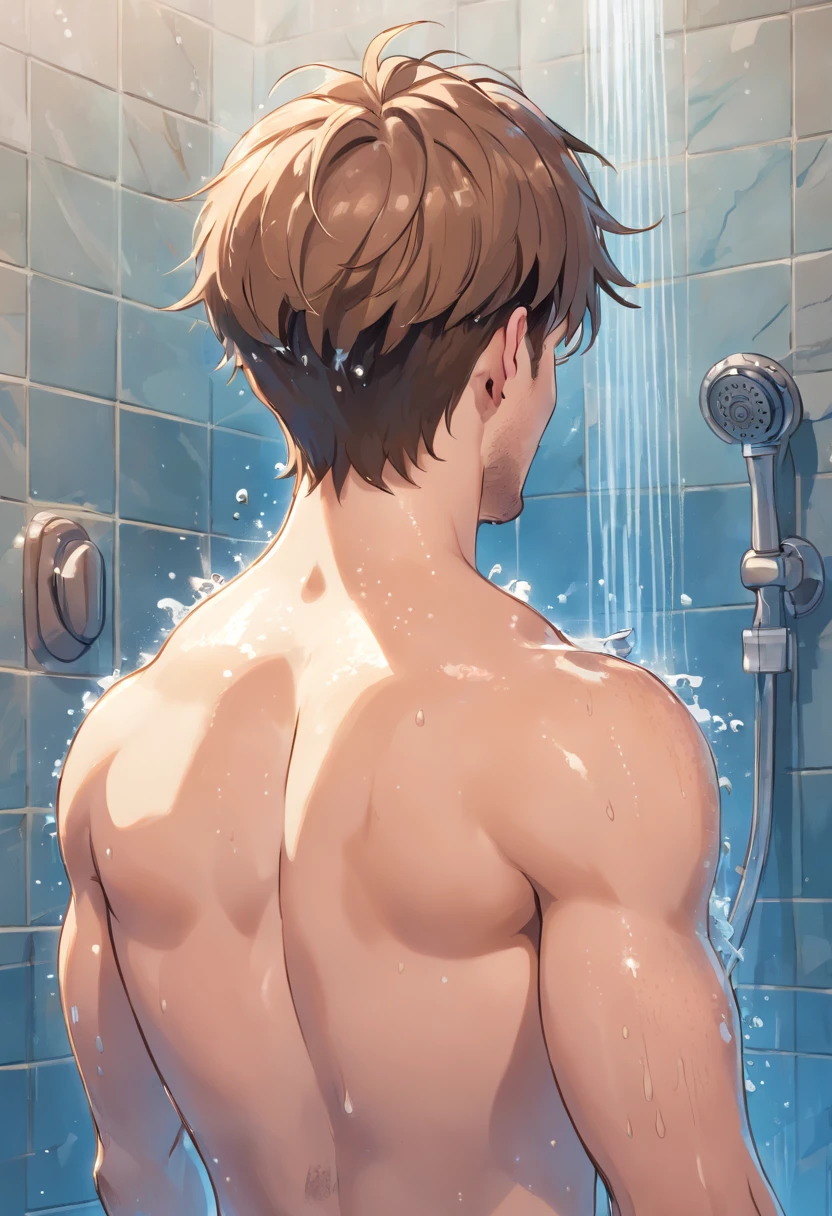 Luka Doncic flexing his perfect bare butt in the shower, rivulets of water flowing down his sculpted physique, drops of water clinging to his skin, reflecting the warm light from the bathroom, surrounded by luxurious marble tiles and a rainfall showerhead, Illustration, employing digital painting techniques to capture the luminosity and texture of water and the intricate details of the shower space, --ar 9:16