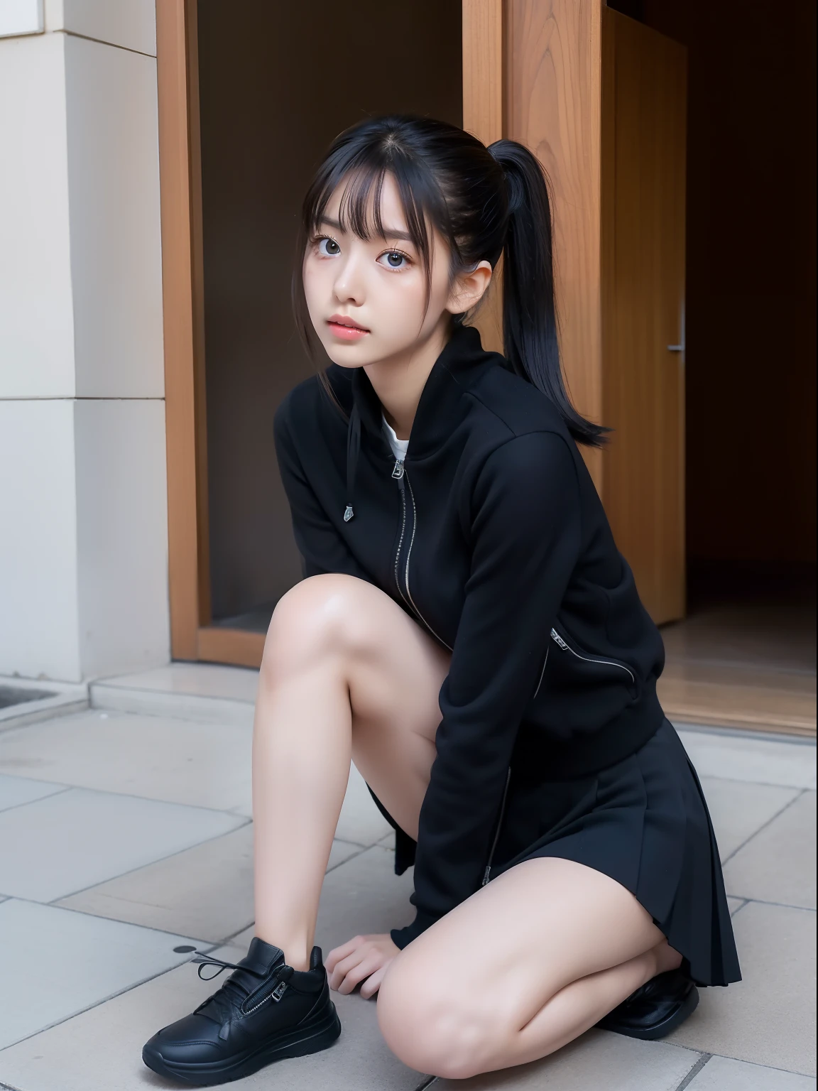 Knees，年轻，(pleatedskirt)，Zip Up，teens girl，A dark-haired，Twin-tailed，poneyTail，delicate and petite body