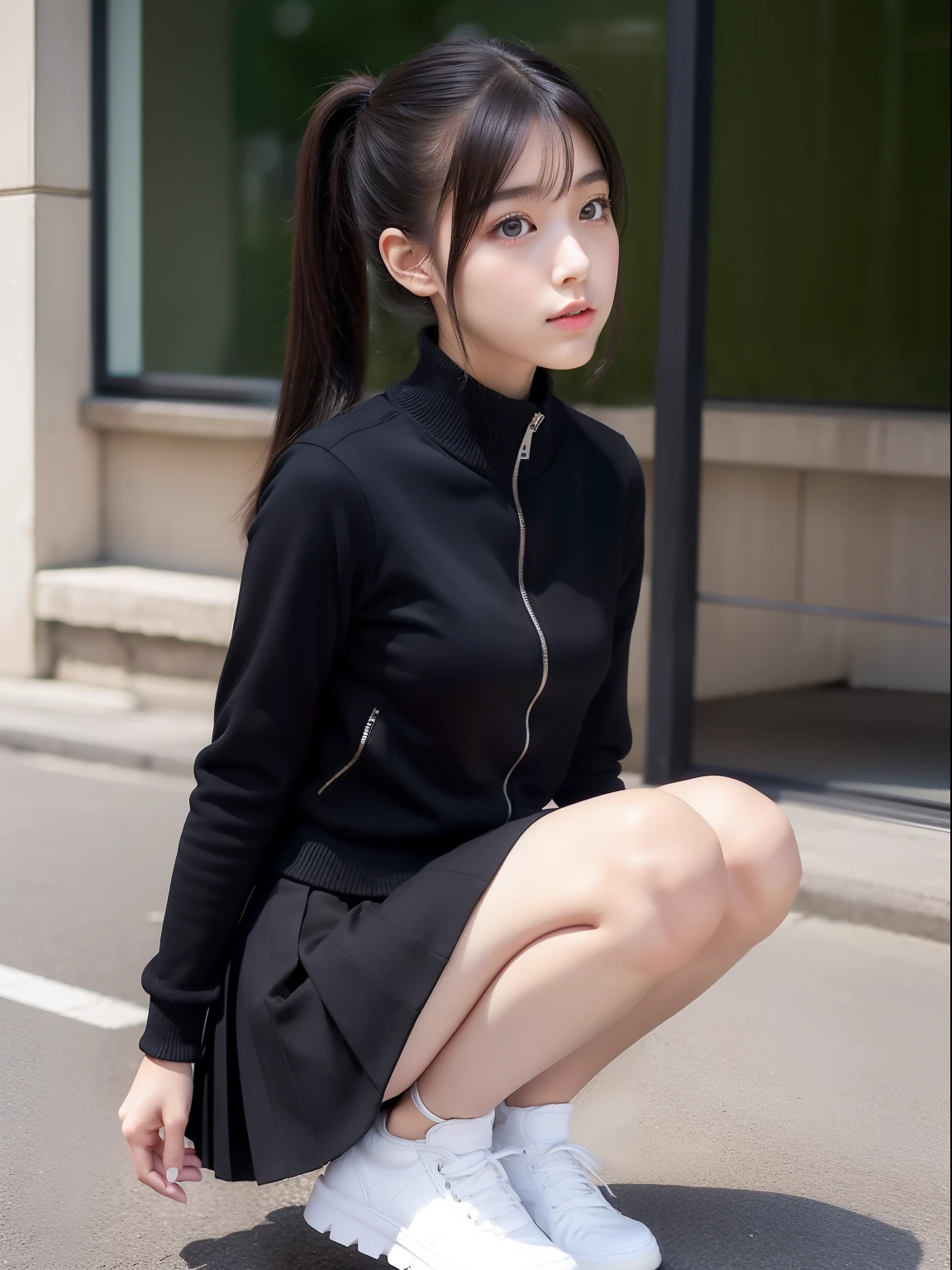 Knees,年轻,(pleatedskirt),Zip Up,s girl,A dark-haired,Twin-tailed,poneyTail,delicate and petite body