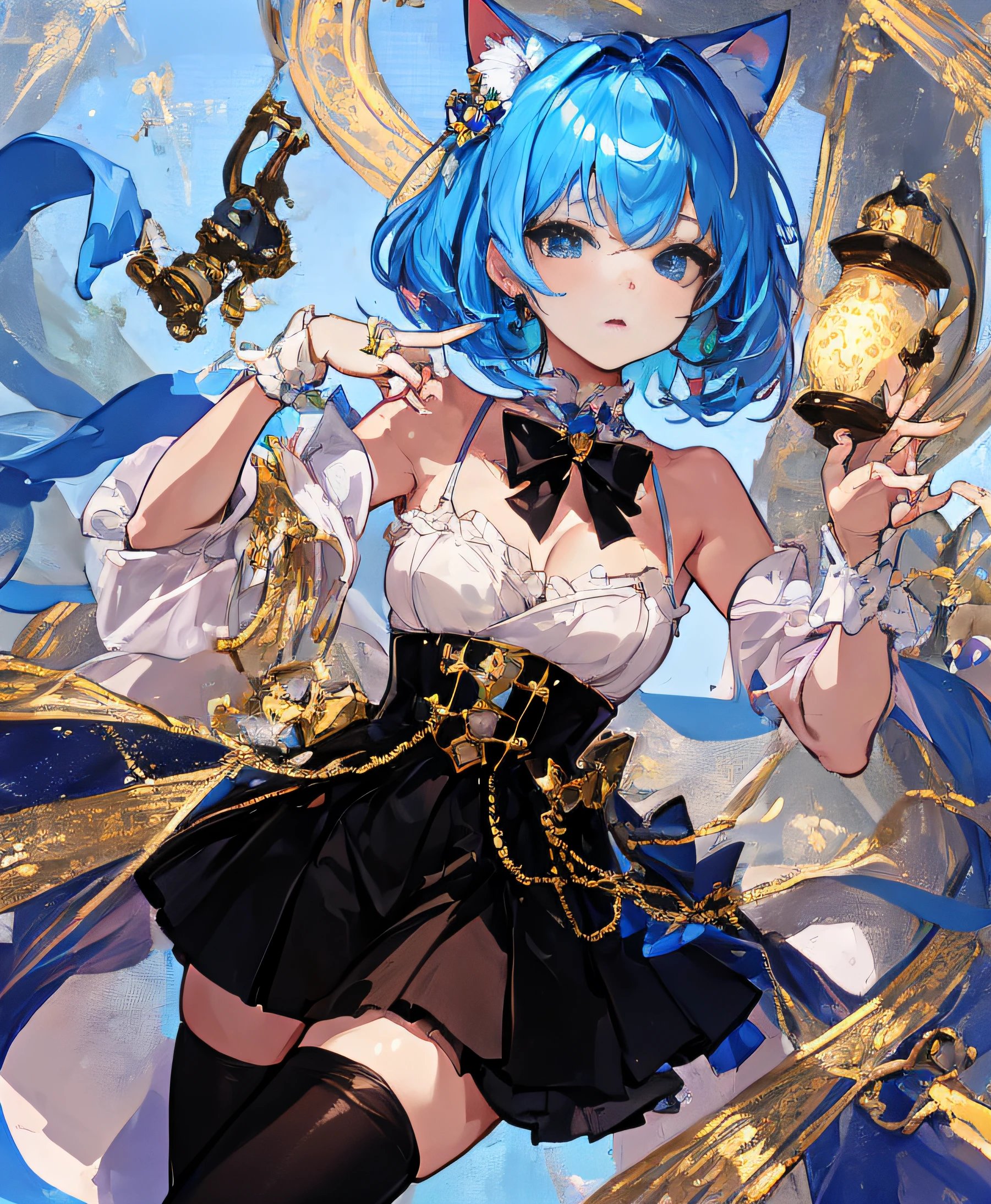 1girl, ((masterpiece), high definition), cat eared, short topaz blue gradation haired, cat idol, short skirt, leggings, black hand glove, cute cat microphone, audience lighting lamp, sparkling effect, cute face, elegant proper costume, beautiful, looking at viewer