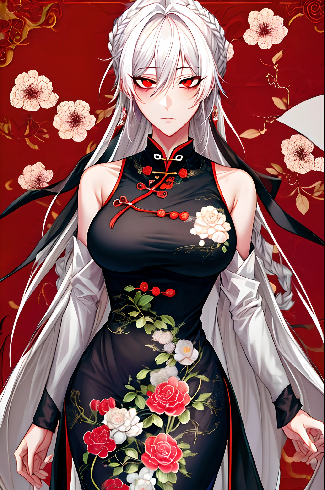 fantasy style, floral background, romance manhwa, 1girl, solo, white hair, red eyes, closed mouth, mature lady, chinese, slim, breasts, hanfu hair, braided hair, detailed eyes, seductive, detailed cheongsam, detailed embroidered, sleeveless, traditional Chinese background, cowboy shot,
