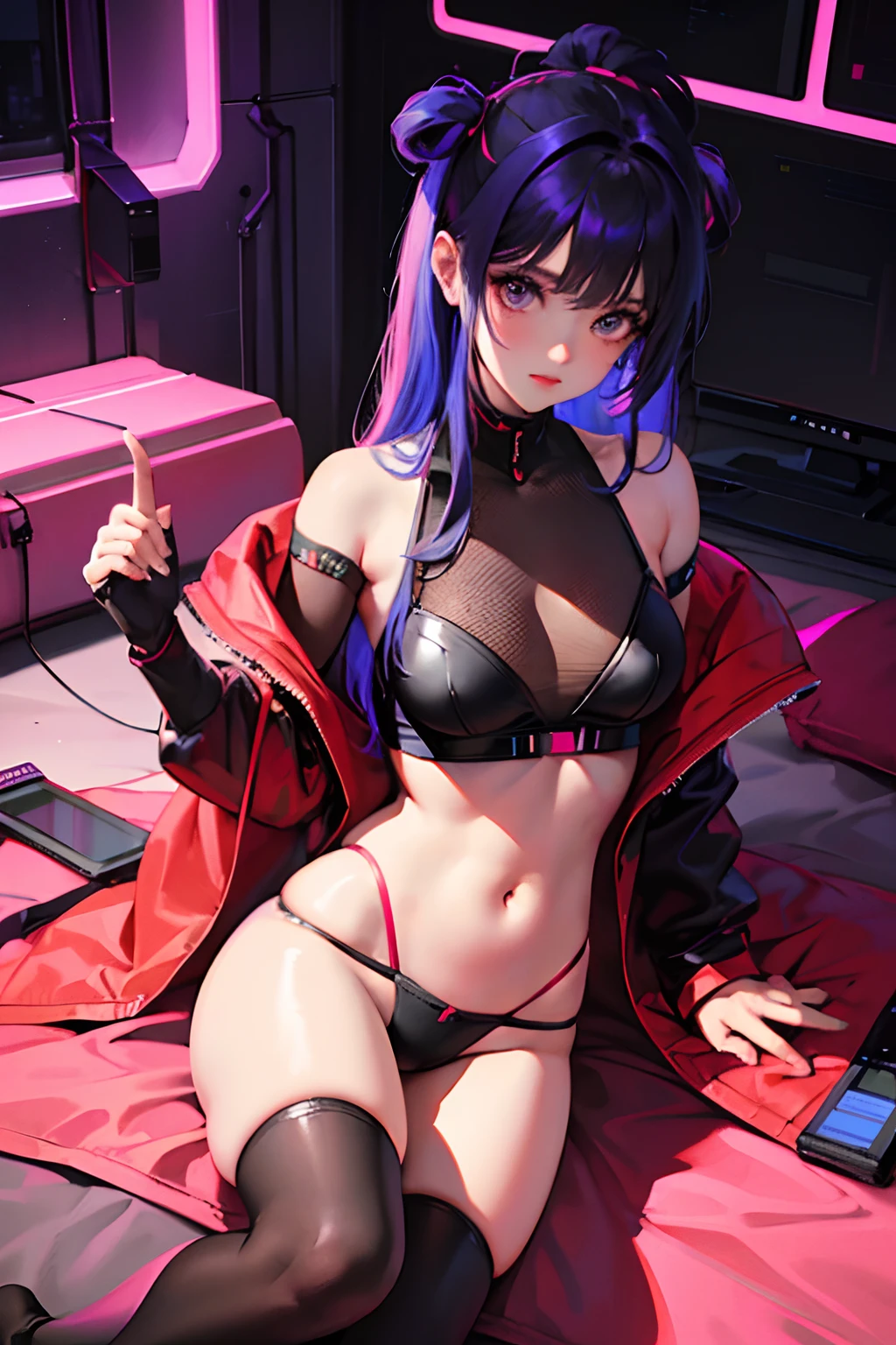 Super cute and gorgeous cyberpunk girl in all four on the floor wearing only panties, olhando diretamente para a foto, imagem frontal, em cima da cama, only the ambient light is neon red, na cama, garota cyberpunk super atraente