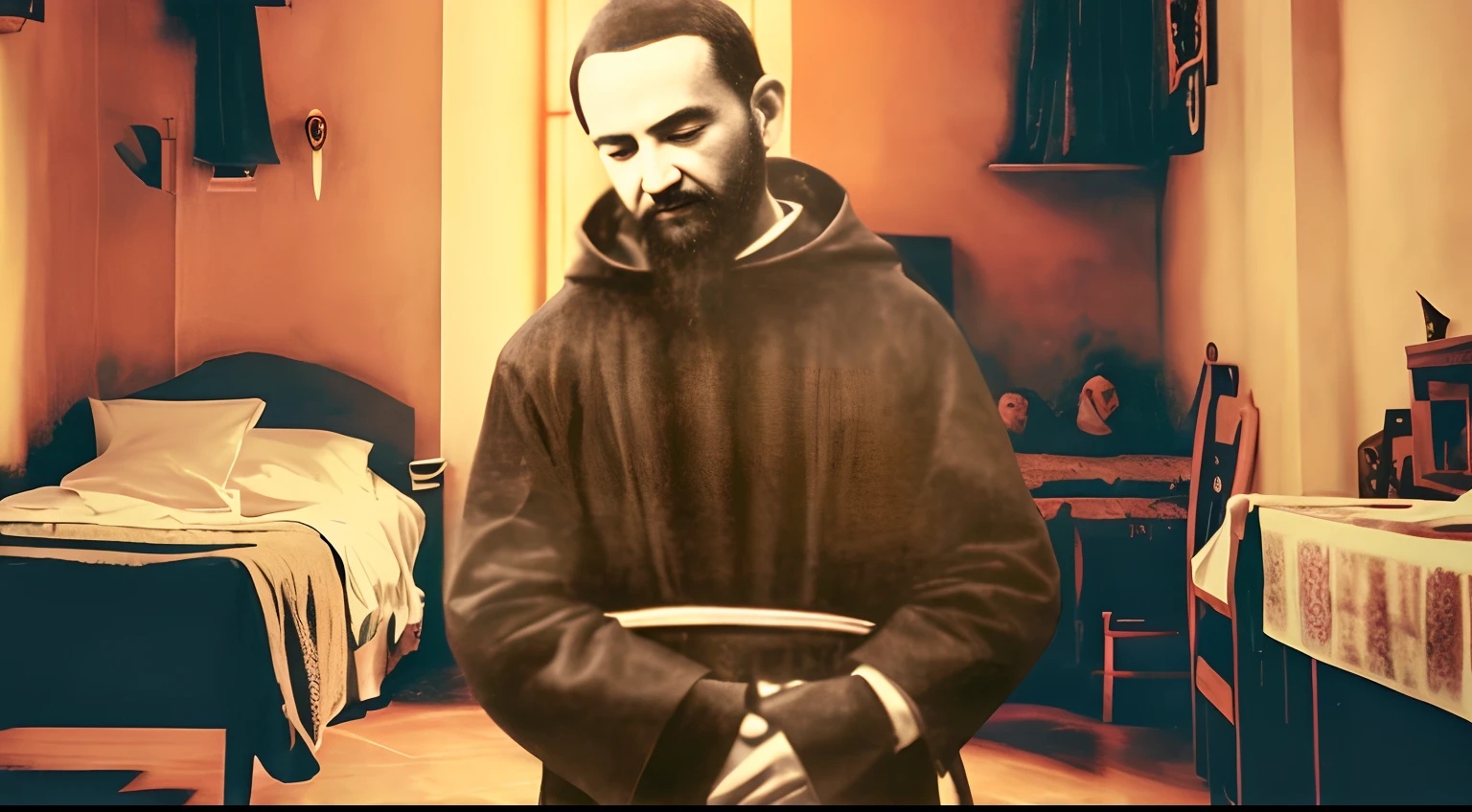 Image of Padre Pio with a monk's robe standing in a room, inspirado em Agnolo Gaddi, inspirado em Michelangelo Buonarotti, inspirado em Petrus Christus, monge, inspirado em Taddeo Gaddi, inspirado em Francisco de Holanda, inspirado em Juan O'Gorman, inspirado em Cagnaccio di San Pietro, foto de Padre Pio realista, cinematic,