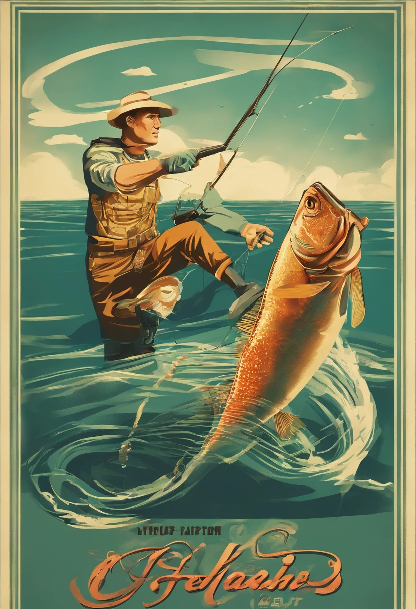 fishing, American propaganda poster, ray tracing, depth of field, reflection light, motion lines, close-up, from below， fish hooks，Anglers