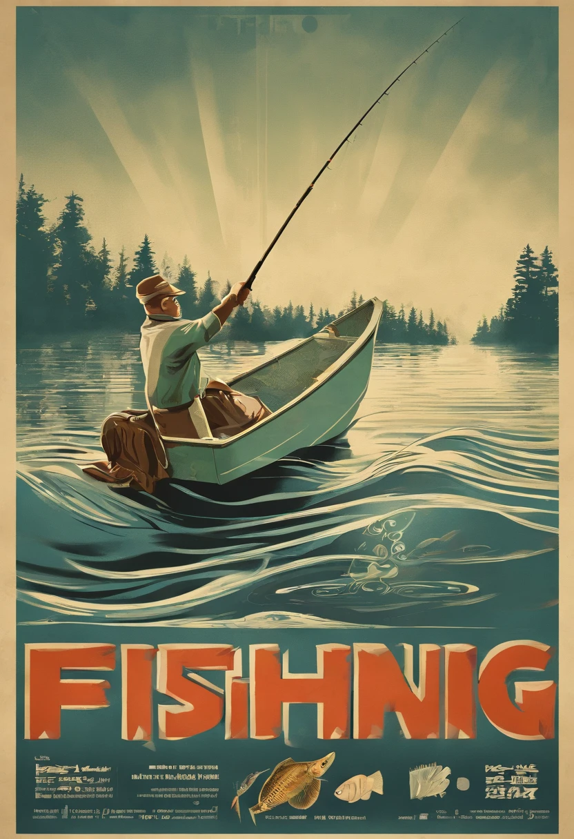 fishing, American propaganda poster, ray tracing, depth of field, reflection light, motion lines, close-up, from below， fish hooks，Anglers