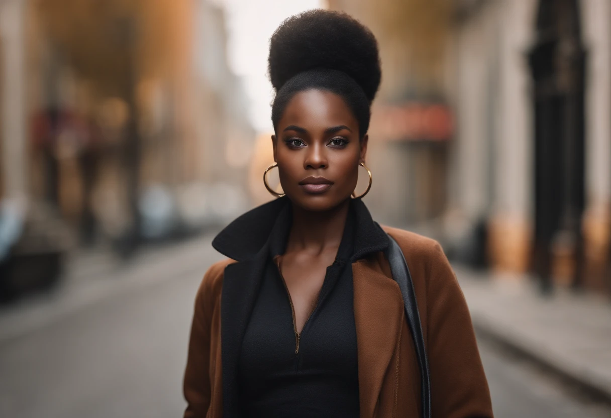 Ultra realistic photo, full body of black girl, best quality, Masterpiece, black woman inspired by Barbie, black skin, beautiful face, Wearing jeans and black sweatshirt, realistic smooth skin, ultra realistic skin, dynamic pose in a street. Good composition, Stunning, very detailed skin, Perfect beautiful young face