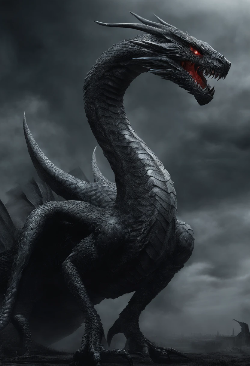 A huge snake-necked wyvern with three dragon heads,massive wings,exquisite detailing,immensity