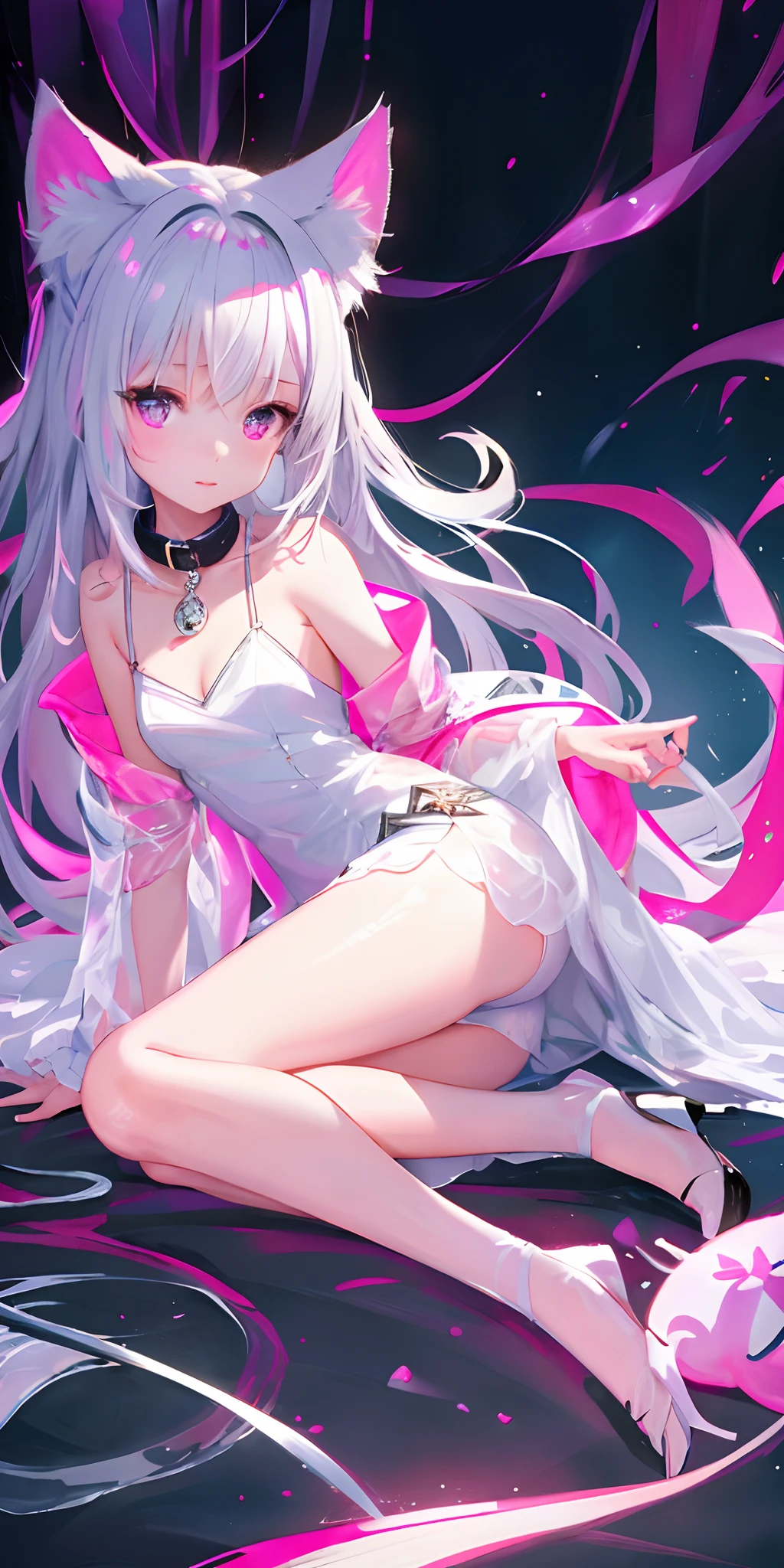 Best Quality, One Girl, Warm Lighting, Silver Hair on the Top of the Head and Pink at the Tips, Cute, Anime, Sheer White Skin, Asian Girl, Full Body, Sensual, Gentle Eyes, Cat Ears, Animation, Fantasy, Seductive, Shy Face, , Frightened, White Dress, Collar, Tail, Wizard, Fantastic, Portrait, See-Through