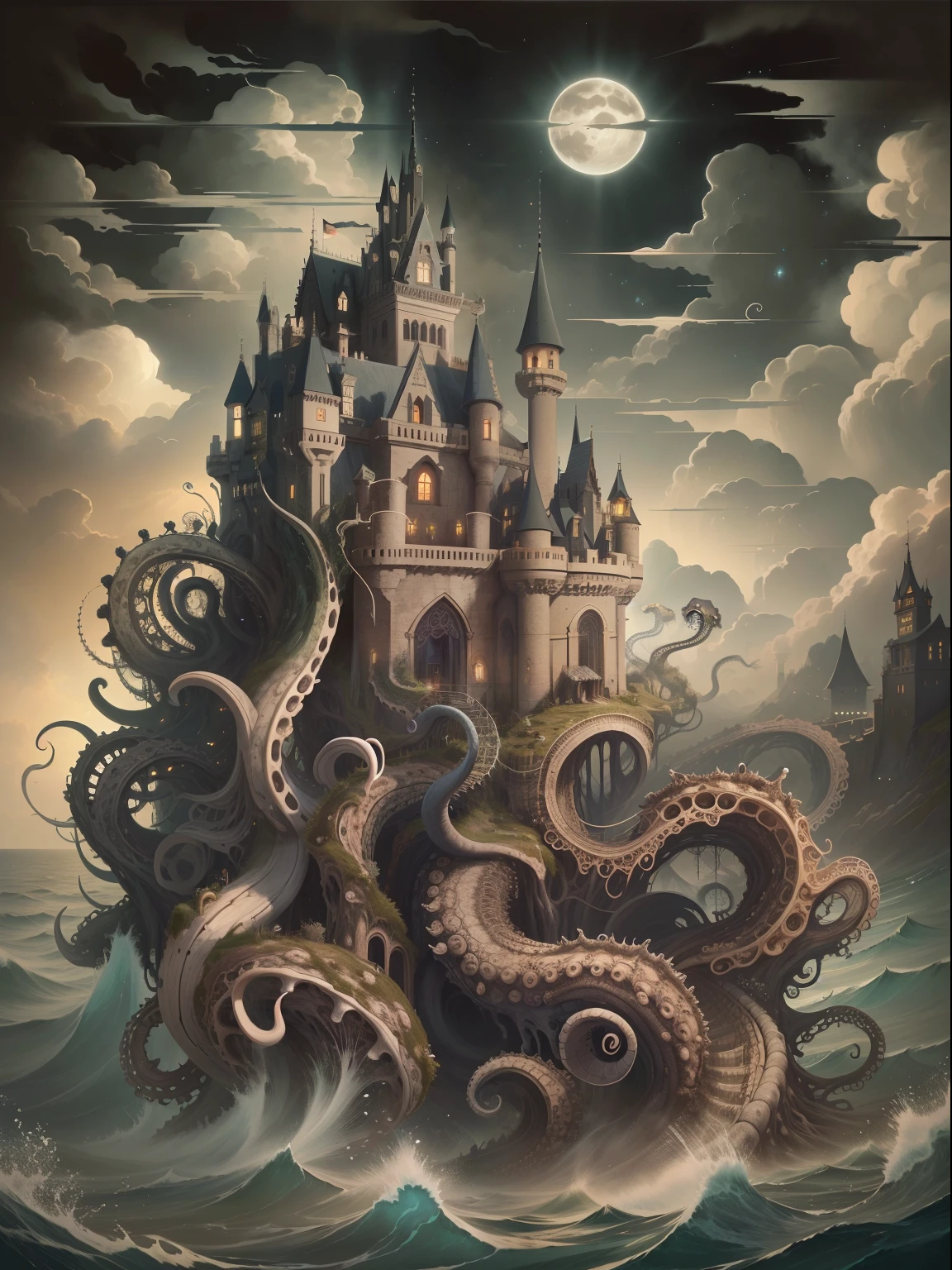 tmasterpiece:Dark castle on the move,Below is the sea monster,(The sea monster holds up the castle),Sea Monster Tentacles,Octopus tentacles,the night,rays of moonlight,swell sea,shock,mistic,(((Look at the perspective from the bottom up)))。(number art,Official artistic aesthetics,k hd,8K,Super meticulous,higher details,Exquisitely)