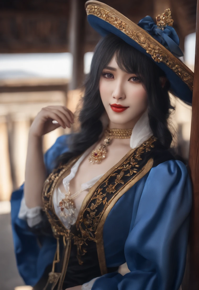 Masterpiece, Best quality, High quality, Very detailed CG uniform 8k wallpaper, 1girll, Solo, Blue hair, Long hair, Hat, jewelry, Smile, necklace, Looking at the audience, Hat, Realistic, Open mouth, teeth, Upper body, vest, nase, Bare shoulders, Artist name, Black tiara, 鎖骨, The Arm, Blue eyes, Lips, bblurry, Oil painting, award winning photography, Bokeh, Depth of field, hdr, full bloom, color difference, Realism, Very detailed, Art Station Intricate，复杂, High detail, Dramatic, art by midjourney，blackstockings，Bigchest