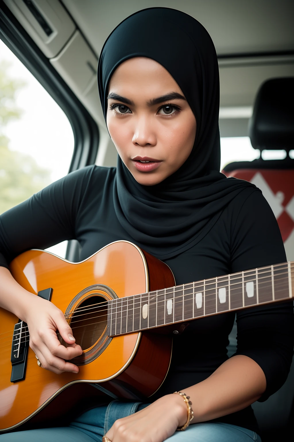 Craft an atmospheric portrait that captures the Malay girl in hijab in a moment of musical ecstasy playing guitar, surrounded by the gritty elegance of a classic motorbike, embodying the spirit of rock 'n' roll