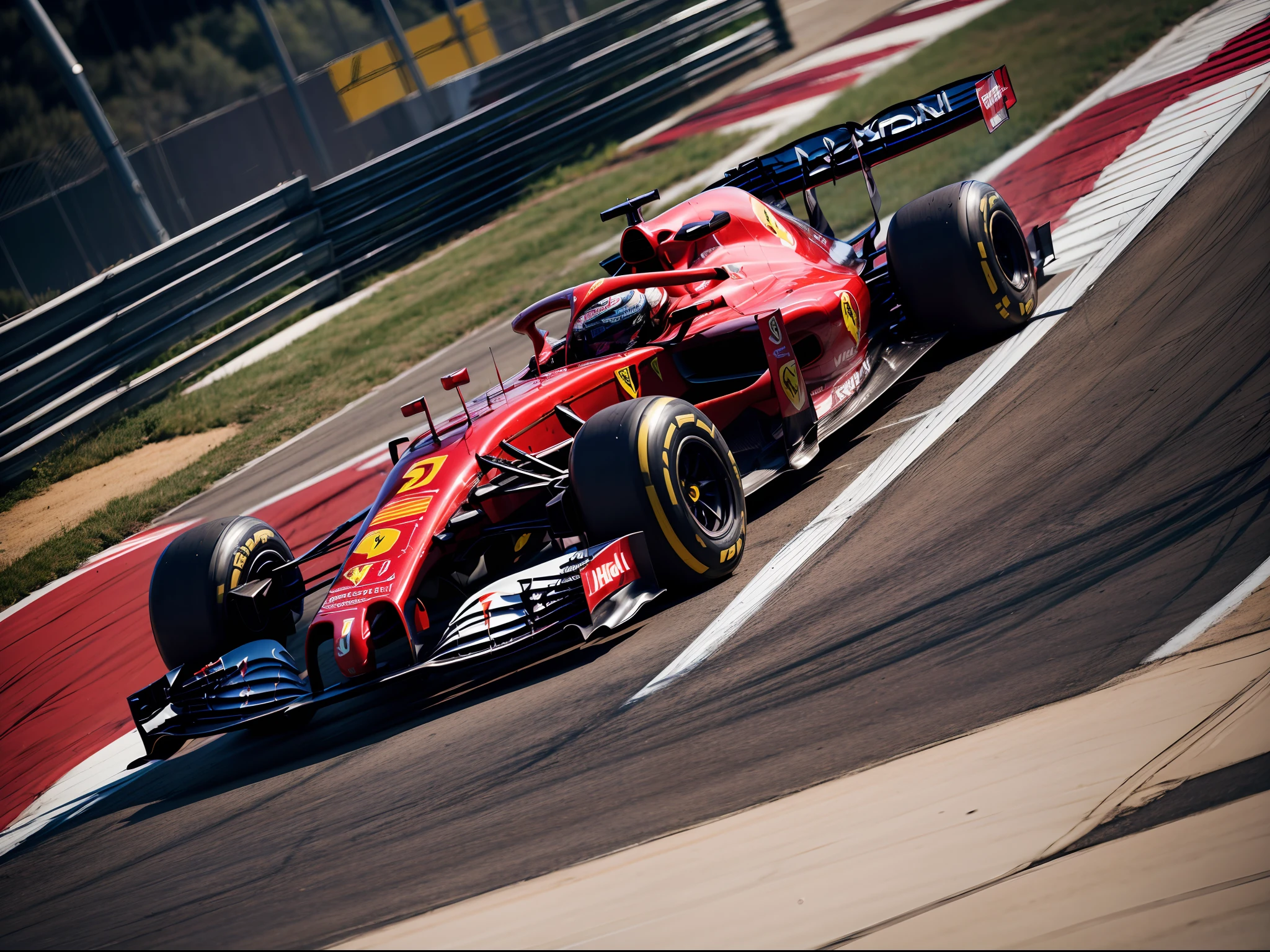 arafed image of a (ferrari formula one:1.4), (8k, RAW photo, best quality, masterpiece:1.2), (realistic, photo-realistic:1.37), (full body:1.3) (detailed), (highres), ultra realistic, hyperrealistic, high detail RAW color photo of (ferrari formula one:1.4), high angle shot front view ferrari formula one driving on a race track, stormy weather, (wet:1.2), (water dust:1.2), 8k uhd, high quality, motion blur, depth blur, cinematic, filmic image 4k, vibrant color, (reflections),(ferrari) race car,(race car:1.4),(endurance race car:1.4),at night, lights, High Detail, Sharp focus, (photorealism), realistic, best quality, 8k, award winning, dramatic lighting, epic, cinematic, masterpiece, rim light, ambient fog:1.3, dutch angle, depth of field,8k uhd, high quality, motion blur, depth blur, cinematic, filmic image 4k, vibrant color, (reflections),formula one,sponsors,livery, sponsored livery,lights turned on,motion blur,closeup,commercial photography