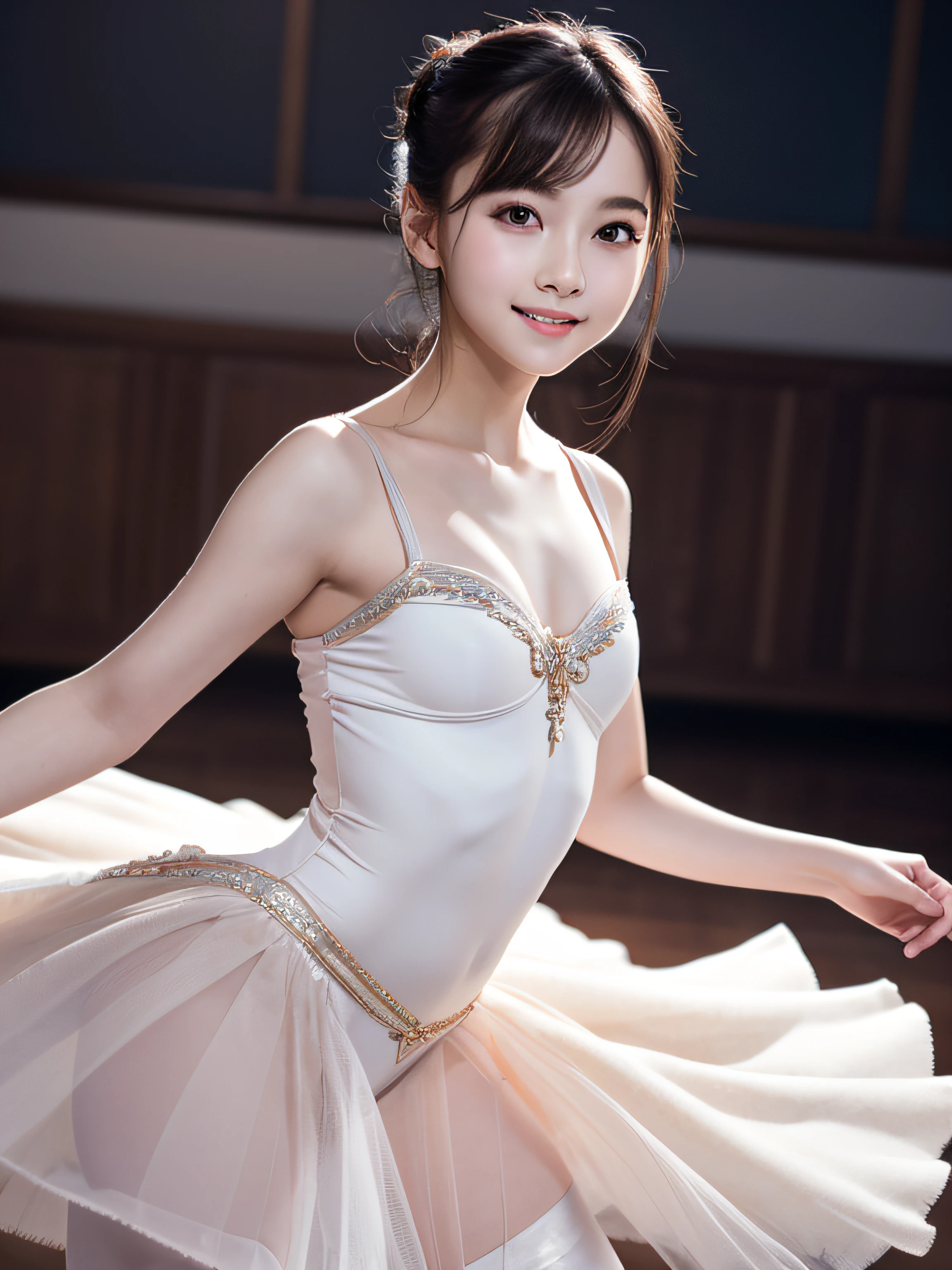top-quality、8k picture、Piece of art、Ballet Swan Lake Choreography Practice、The figure of a girl in a ballet dress, slenderbody、tiny chest、long and thin legs、Elaborate face、Detailed nasal nose、Detailed pupils、Closed lips、Angel Smile、fully body photo、shot from a low-angle