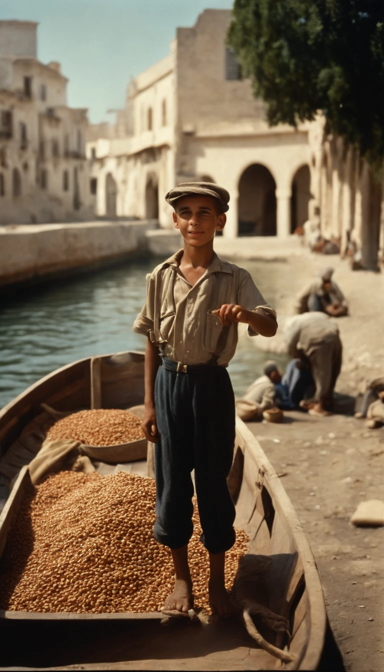 poor white boy stand up holding small peanuts mox and waving with his hands in Algeria boat port waving with his hand, dirty clouths ,1948,full body, real-life photograph, french architecture, provia, security agent, vignette, small of people, real, large frame