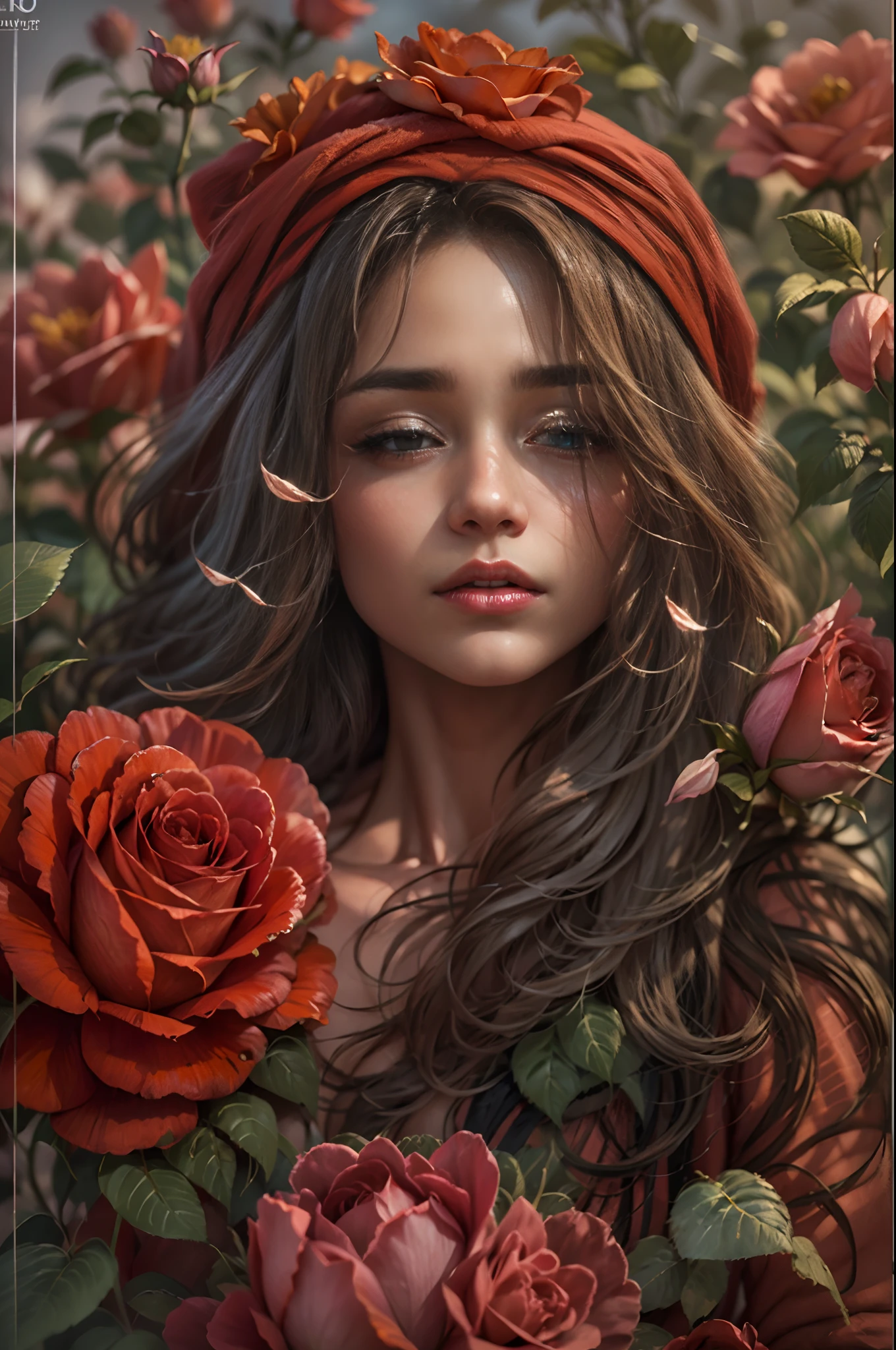 Different mood indian with large eyes woman with very long hair, showing clevage, clutched in deep red  towel, wide angle in a rose flower garden, perfect anatomy, illustrative, painterly, detailed, UHD drawing, pen and ink, perfect composition, beautiful detailed intricate insanely detailed octane render trending on artstation, 8k artistic photography, photorealistic concept art, soft natural