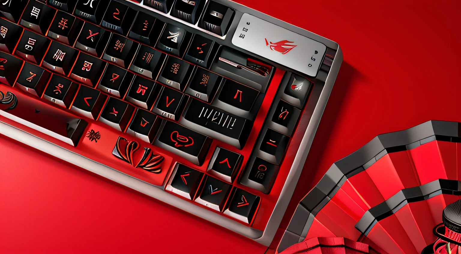 There is a red keyboard,It says Chinese and a fan, mechanical keyboard, gamers keyboard, Red magic, close up portrait shot, it has a red and black paint, Red neon detail, dominating red color, close up photograph, Red theme, Close-up Shot Shot, inspired by Park Hua, Red monochrome, red theme, China-style,Textured background,Cool glow