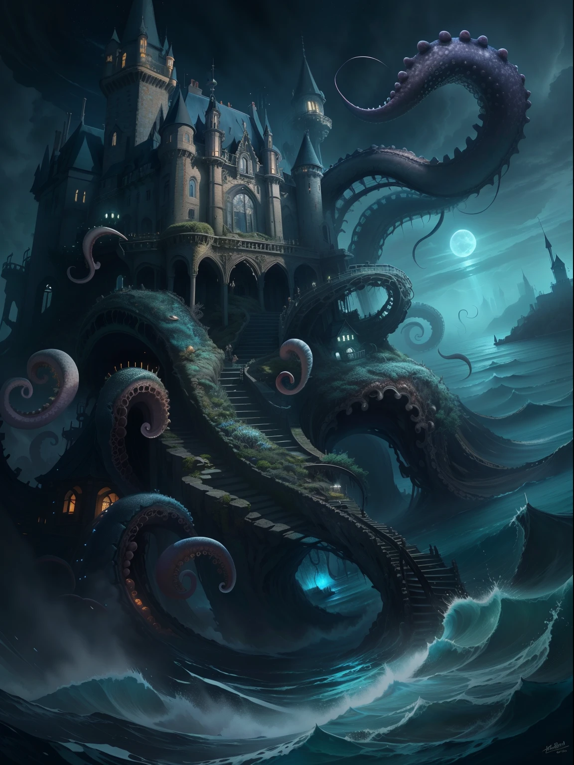 tmasterpiece:Dark castle on the move,Below is the sea monster,(The sea monster holds up the castle),Sea Monster Tentacles,Octopus tentacles,the night,rays of moonlight,swell sea,shock,mistic,(((Look at the perspective from the bottom up)))。(number art,Official artistic aesthetics,k hd,8K,Super meticulous,higher details,Exquisitely)