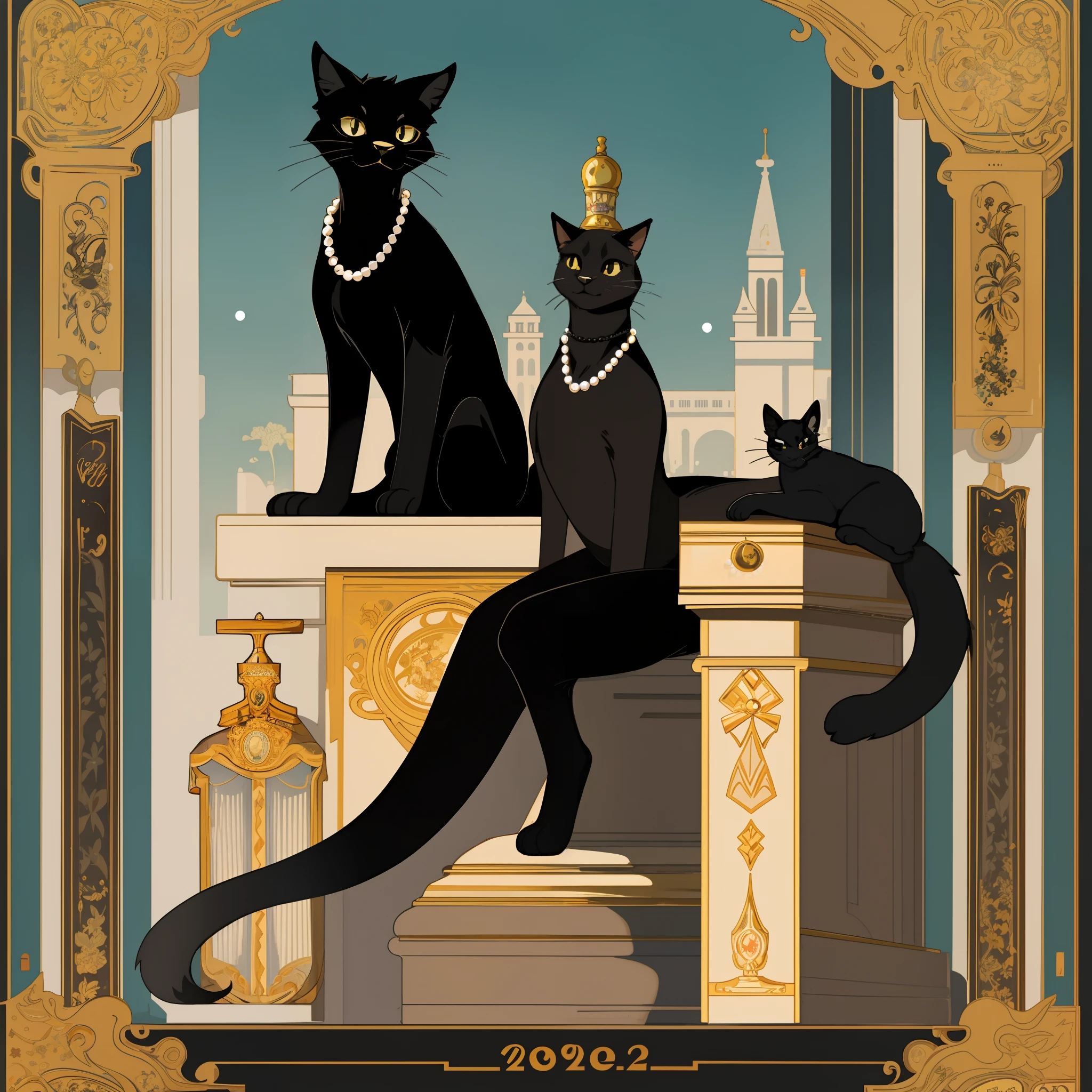 vector art, arafed black cat sitting on a pedestal with a pearl necklace, elegant cat, 1920s advert, 1960s advertisement, luxury advertisement, magazine advertisement, 1960s perfume bottle ads,