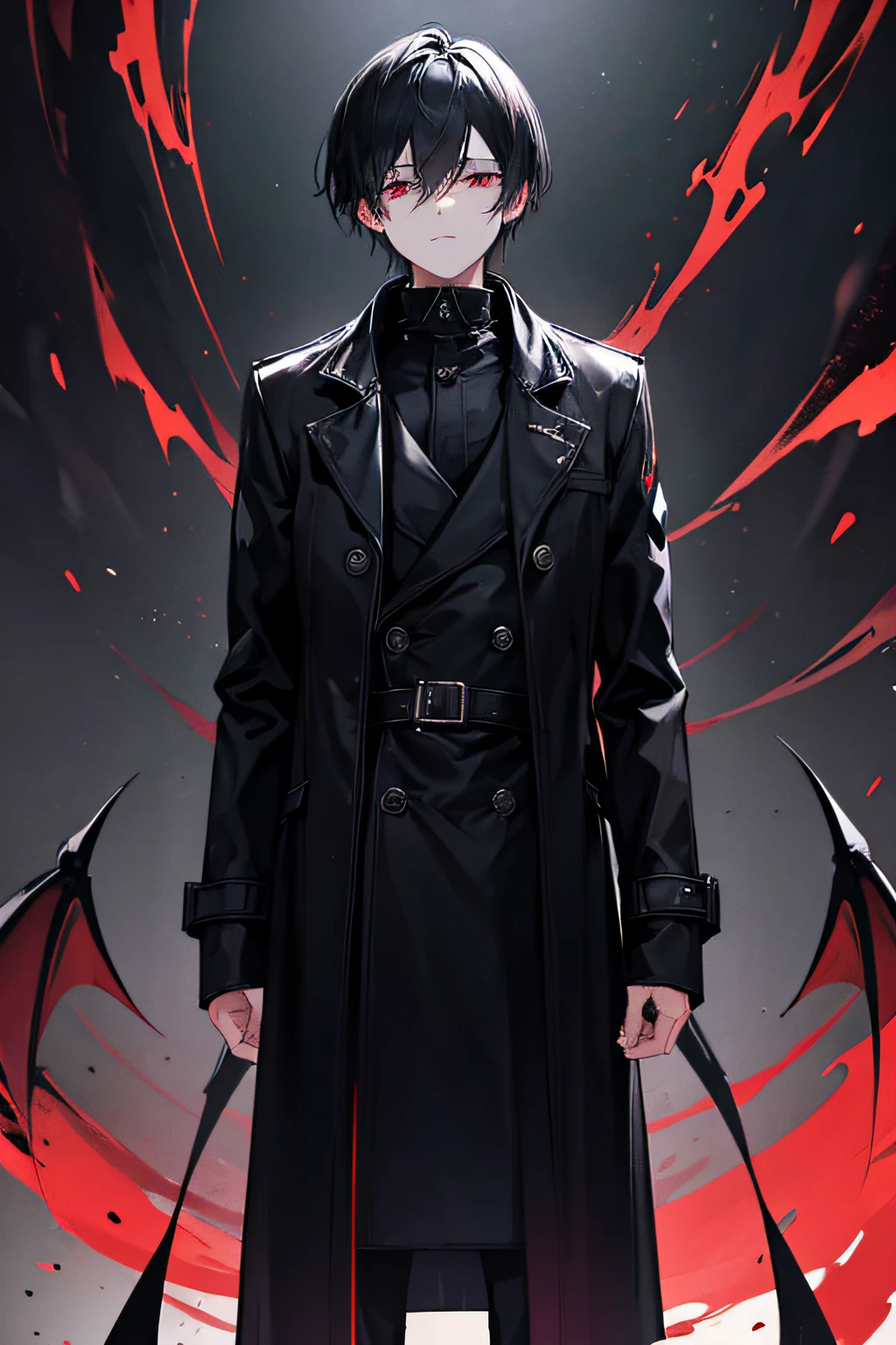 1Boy, black hair, devil Eyes, black trench coat, Sateen, Expressionless, dark aura