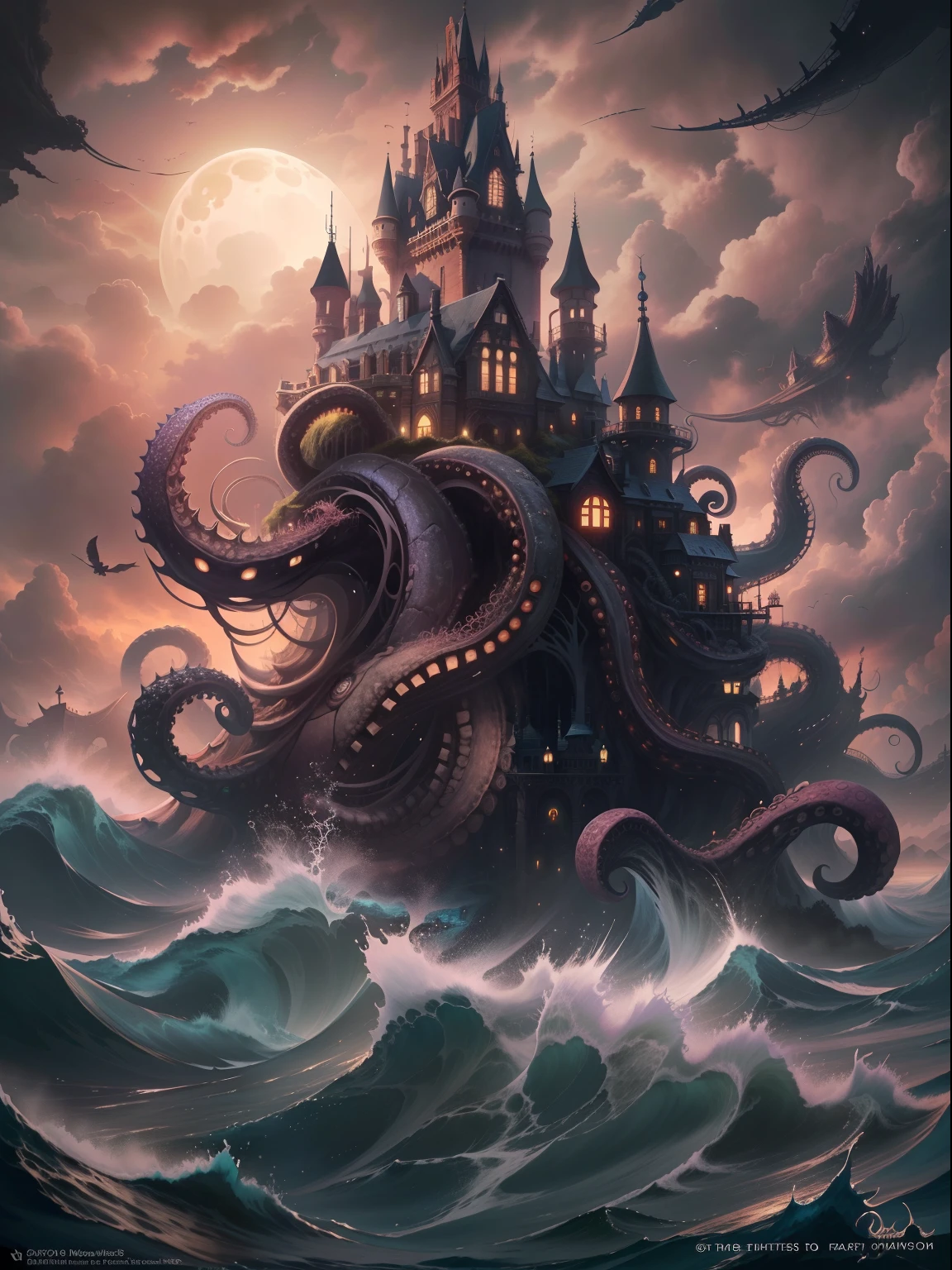tmasterpiece:Dark castle on the move,Below is the sea monster,(The sea monster holds up the castle),Sea Monster Tentacles,Octopus tentacles,the night,rays of moonlight,swell sea,shock,mistic,(((Look at the perspective from the bottom up)))。(number art,Official artistic aesthetics,k hd,8K,Super meticulous,higher details,Exquisitely)