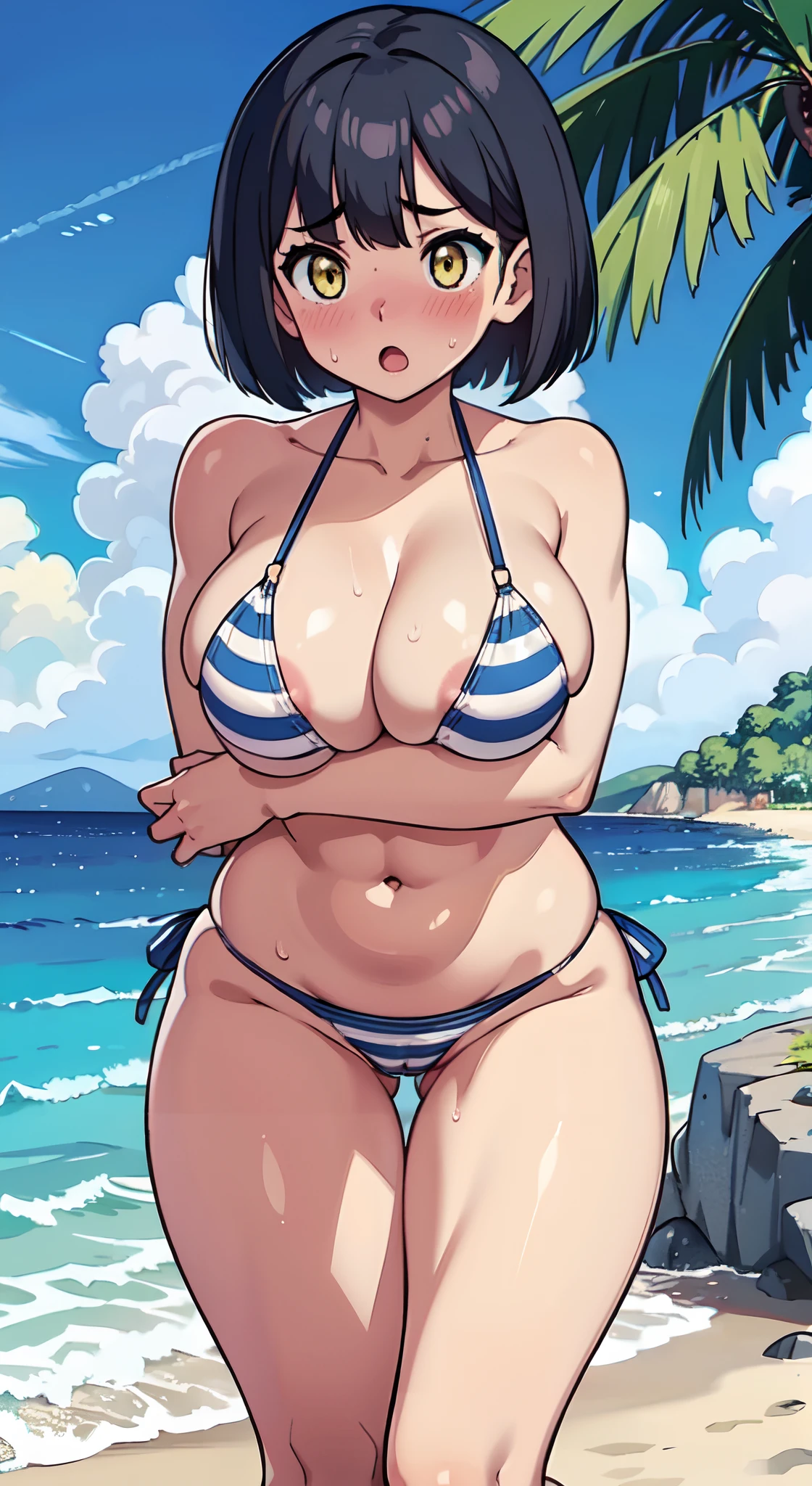 (Perfect body),Best Quality,(8K Portrait),(Official art)、(NSFW)、(((muscular)))、embarrassed from、1girl in,(:o)、 ((Surprised))、(((blush))),(Sweat),((large udder))、(((big butts)))、thick thighs、(Dark hair),((bob cuts)),Short hair, (Yellow eyes),(((Navy blue striped bikini)))、Black knee socks、Hands on knees、((((Leaning forward))))、(upper bod)、(the beach)、