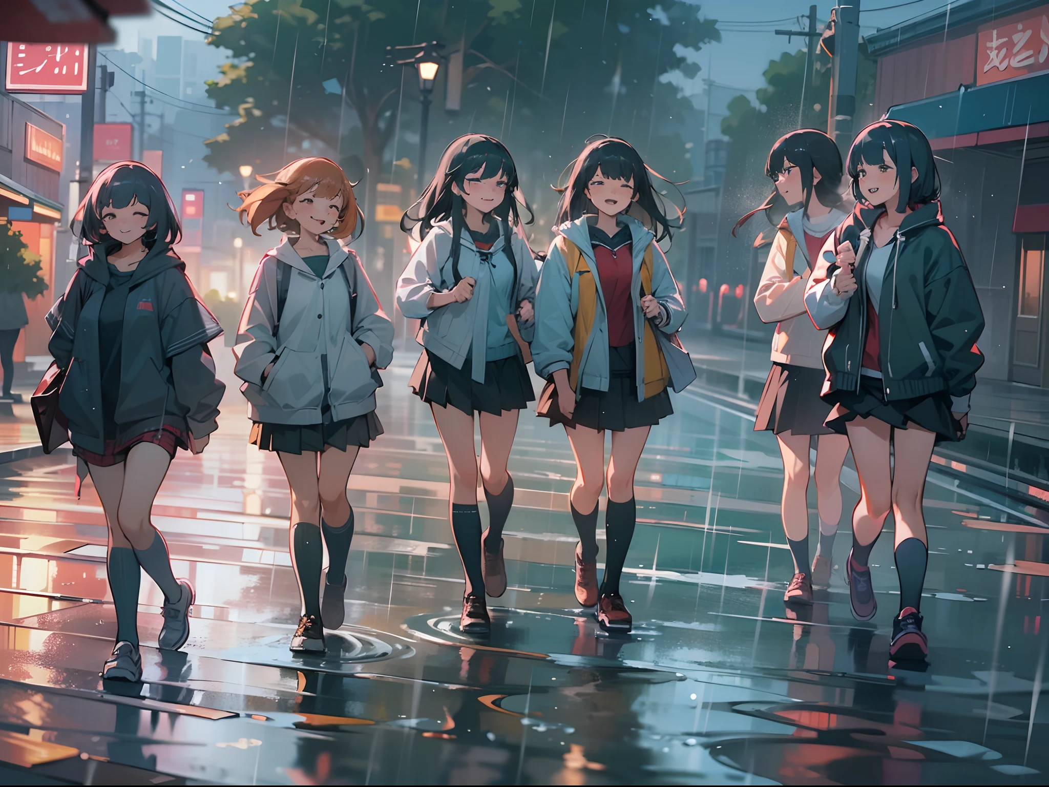 Anime girls walking in the rain in a city street - SeaArt AI