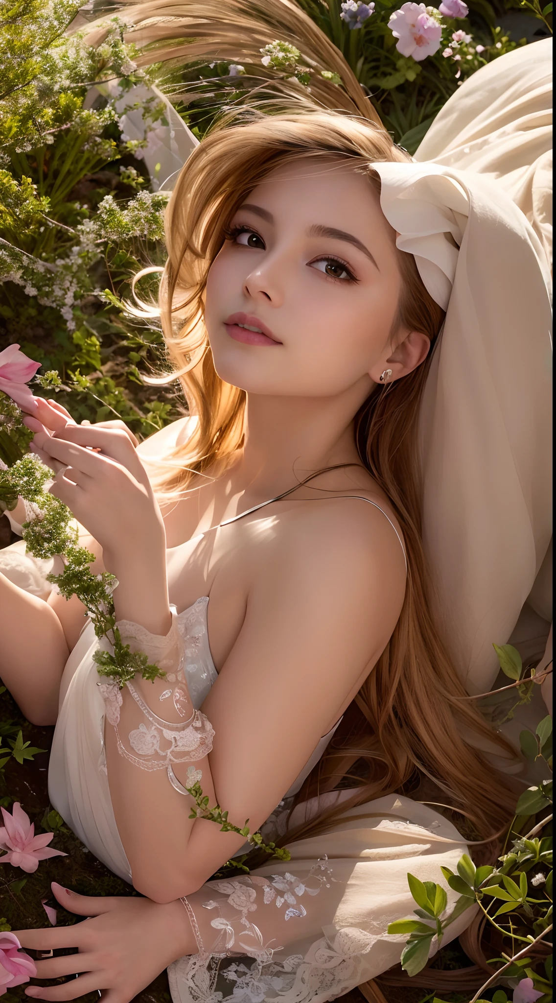 (Best quality,4K,A high resolution,Ultra-detailed,Realistic:1.37),Vivid colors,Sunlight,llight rays,bergamot,white blossoms,Beautiful girl,Exquisite features,Flowing hair,Serene expression,Garden setting,Elaborate dress,Soft sunlight,Gentle breeze,Cheerful ambiance,Backlit scene,a hint of smile,ethereal glowing,Morning freshness,Long shadows,harmony of nature,subtle reflections,Natural beauty,Twinkling dewdrops,Clear detail,serenity and calm,Sublime ingredients,Arrive at the branch,whispering leaves,Aromatherapy petals,with light glowing,Sparkling highlights,Subtle shadows,Soft focus,Sublime beauty,Whisper natural,Fantastical Atmosphere,Illuminated background.