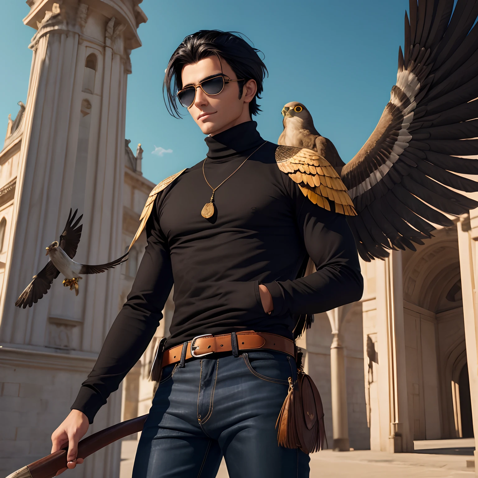 Portrait High, A young, Slender European half-bird guy with falcon wings, 23 years old. black hair of medium length, Stacked on one side. Yellow eyes. suntanned skin. slight smile. stubble on the chin. Light turtleneck, brown jeans, Shoes, flight goggles on the forehead. Feather tail