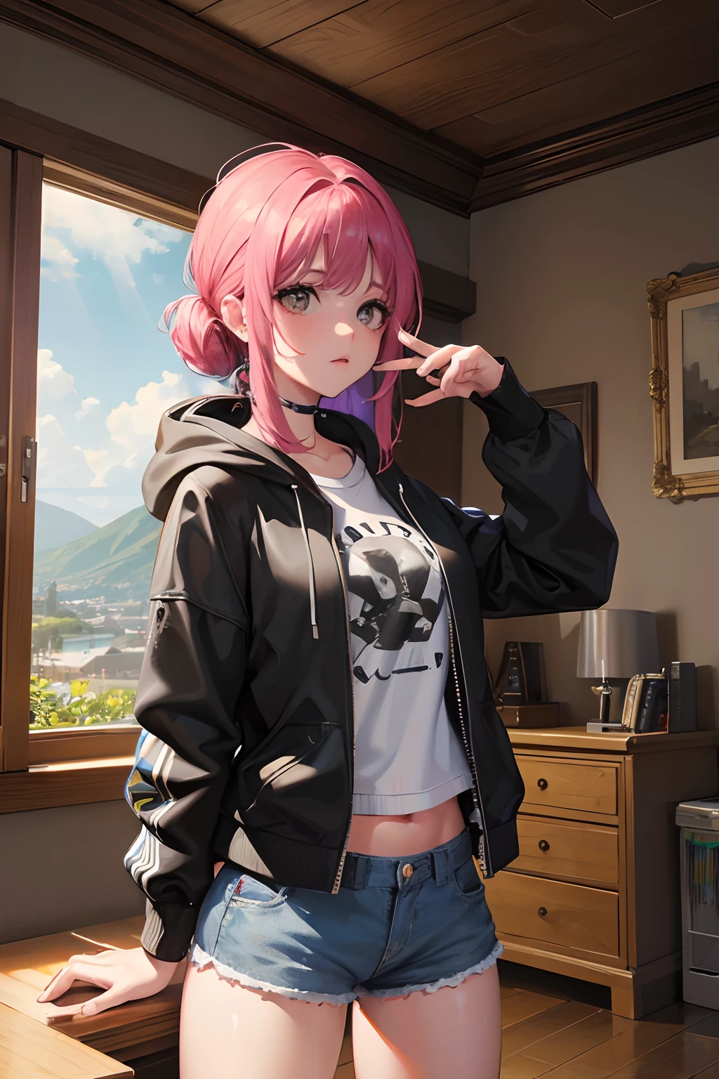 1girl.solamente,ojeras, alegre,sudadera desabrocahada, mini shorts, cuarto friki,(trasero:1.2),Cinematographer, Obra maestra, Foto realism,La mejor calidad, Super High Resolution, Foto RAW, photo session, profesional, Amazing expression, De color, surrealismo, Obra maestra, La mejor calidad, HDR, punto de vista, highest qualityr, foco nítido, Digital Artistic Representation, 8k, GAMER ROOM