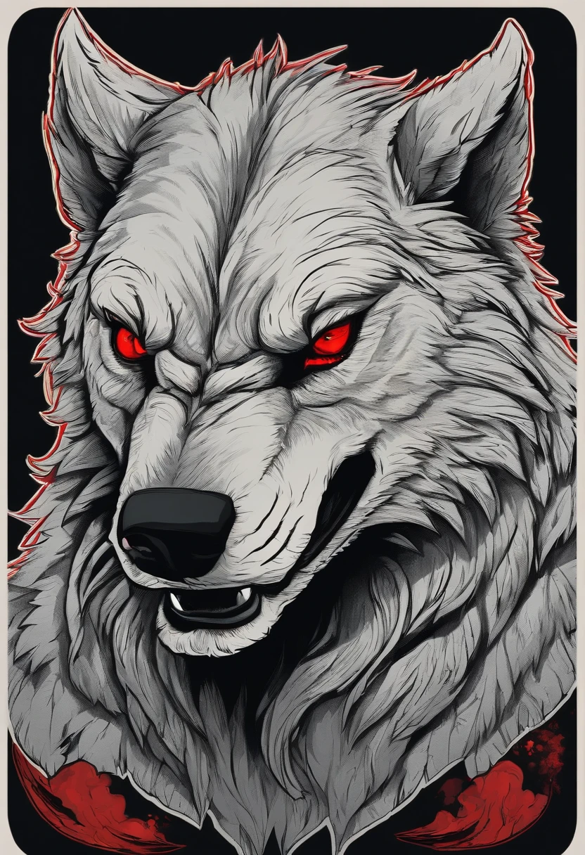 /imagine prompt: Werewolf illustration with black background sticker, Red eyes, Sharp claws, Bold outline style, Jagged edges, Garbage core, no Light and Shadow - V 5.2