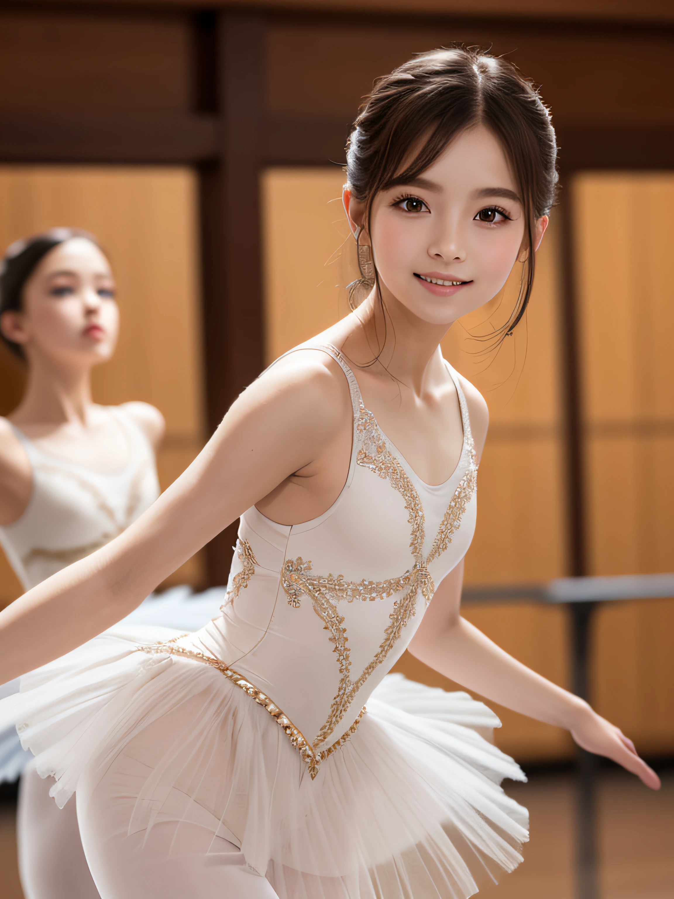 top-quality、8k picture、Piece of art、Ballet Swan Lake Choreography Practice、The figure of a girl in a ballet dress, slenderbody、tiny chest、long and thin legs、Elaborate face、Detailed nasal nose、Detailed pupils、Closed lips、Angel Smile、fully body photo、shot from a low-angle