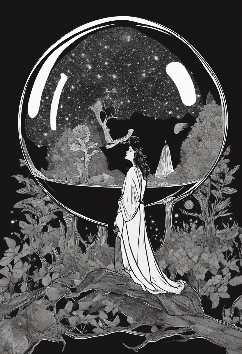 /imagine prompt: Prophet illustration with sticker on black background,Holding a crystal ball in hand in bold outline style, Jagged edges, Trash core, Light Shadow --V 5.2