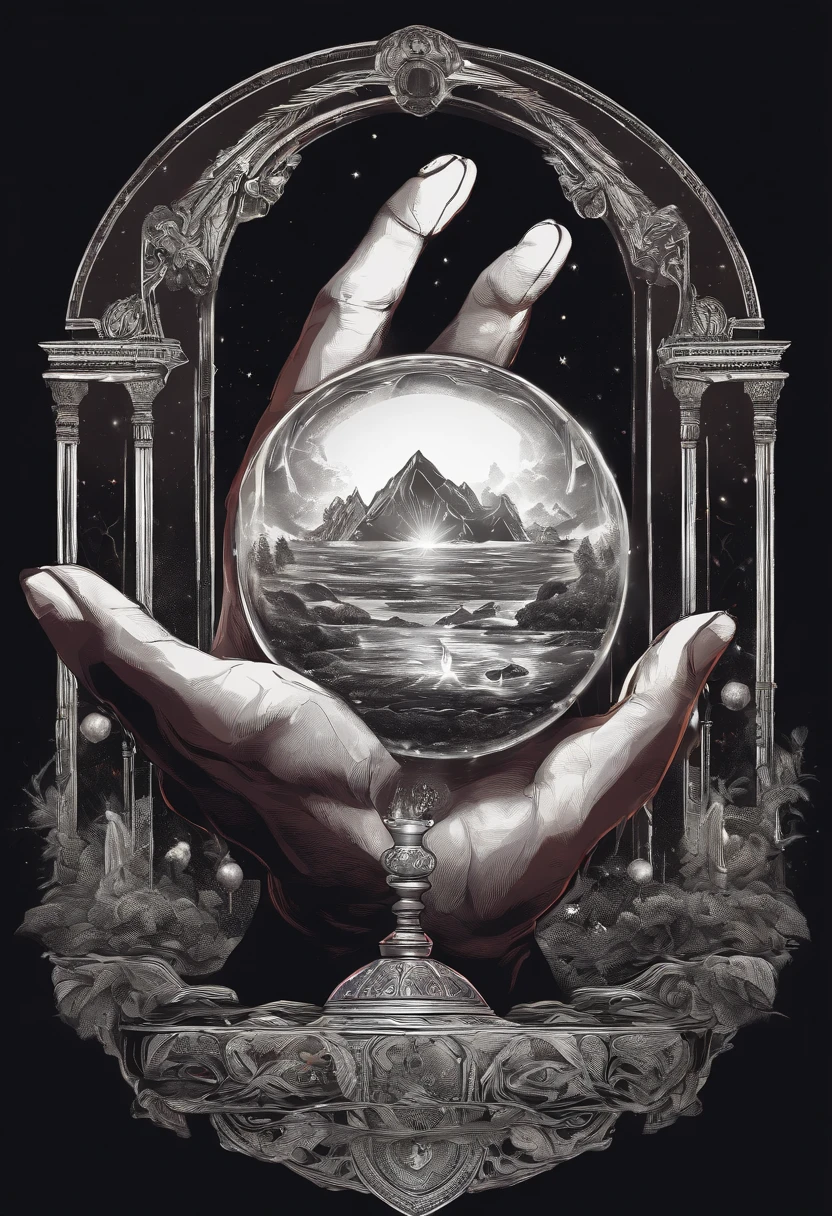 /imagine prompt: Prophet illustration with sticker on black background,Holding a crystal ball in hand in bold outline style, Jagged edges, Trash core, Light Shadow --V 5.2