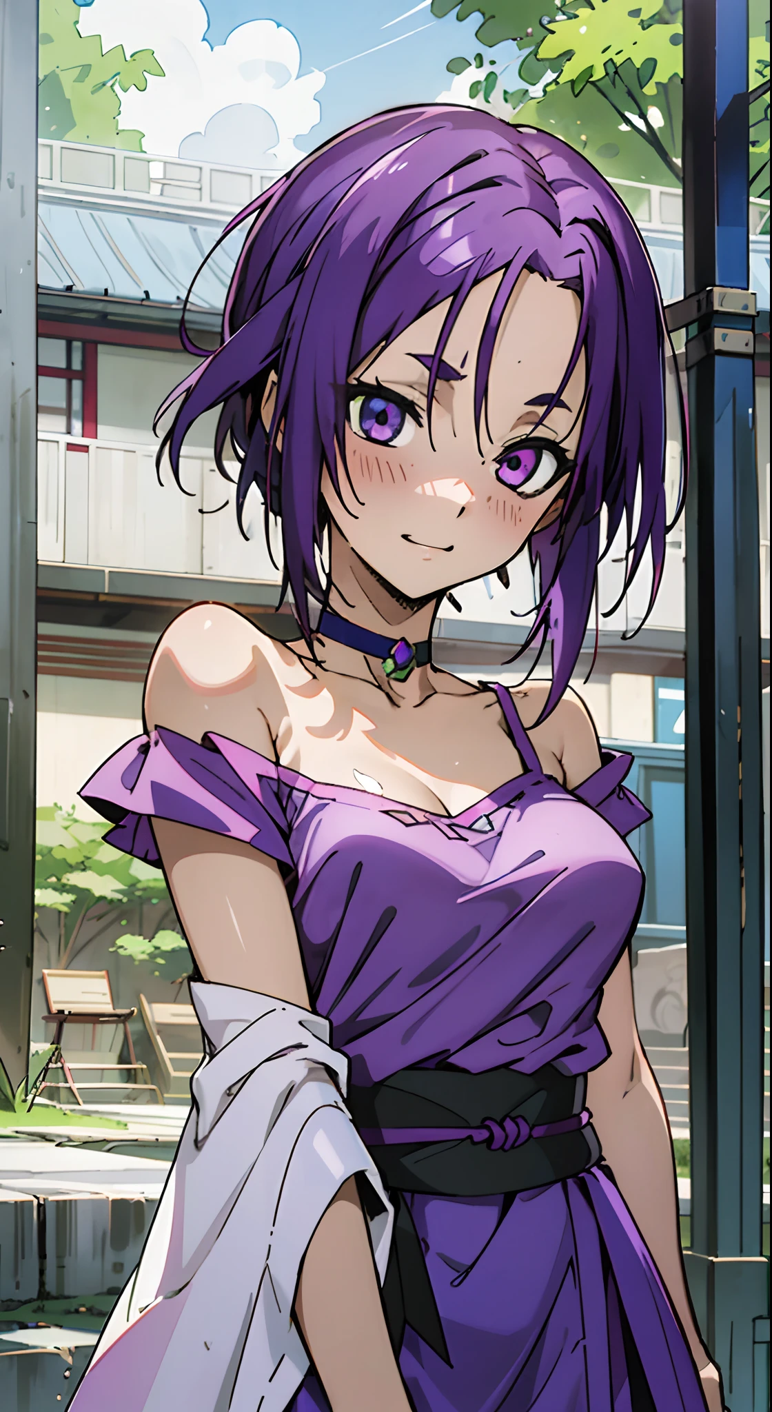 masutepiece, Best Quality, Ultra-detailed, Off-the-shoulder clothing, Colorful,Up-close, Hyper-detailing，purple color  hair, Reo Mikage, Blue Lock, no sleeves, Camisole, Blue Camisole, Cheongsam, chinese clothes, Chest exposure, Underwear, Metamorphosis is exposed, Choker, arm warmer, Sexy breasts, Scar, Big breasts, red blush, 1girl in, Solo, Sharp face, Heterochromia, Green eyes, Purple eyes, Bare neck, Happy face, rays of sunshine, Brave Sky, shining sky, tiarra, Slums