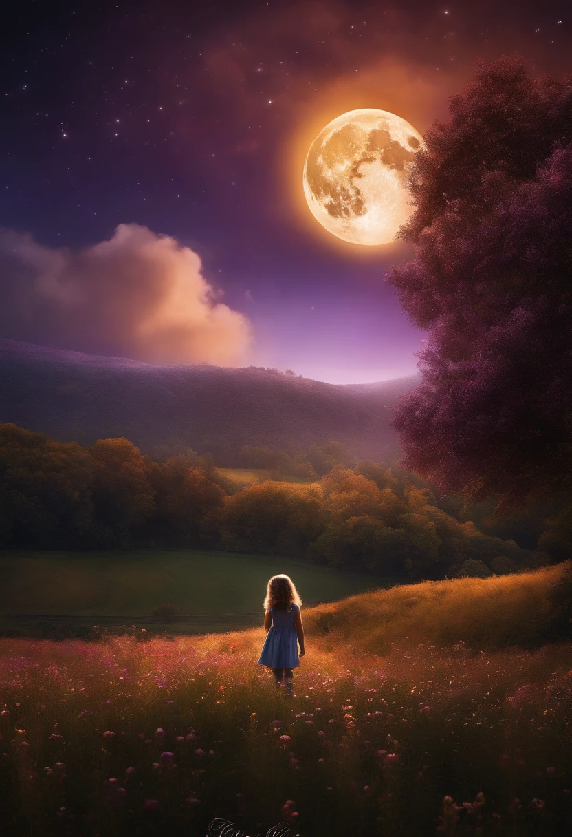 Expansive landscape photograph, (view from below with a view of the sky and wilderness below), standing in a flower field looking up, (full moon: 1.2), (shooting star: 0.9), (nebula: 1.3), distant mountain, tree break production art, (warm light source: 1.2), (firefly: 1.2), lamp, purple and orange, intricate detail, volume lighting, realism break (masterpiece: 1.2) (Best Quality), 4K, Ultra-Detailed, (Dynamic Configuration: 1.4), Highly Detailed and Colorful Details, (Iridescent Colors: 1.2), (Glowing Lighting, Atmospheric Lighting), Dreamy, Magical, (Solo: 1.2)